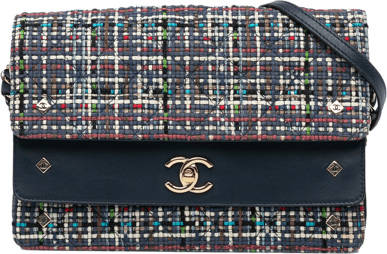 Chanel Cc Multicolor Tweed Double Flap, från Luxclusif, i färgen navy.