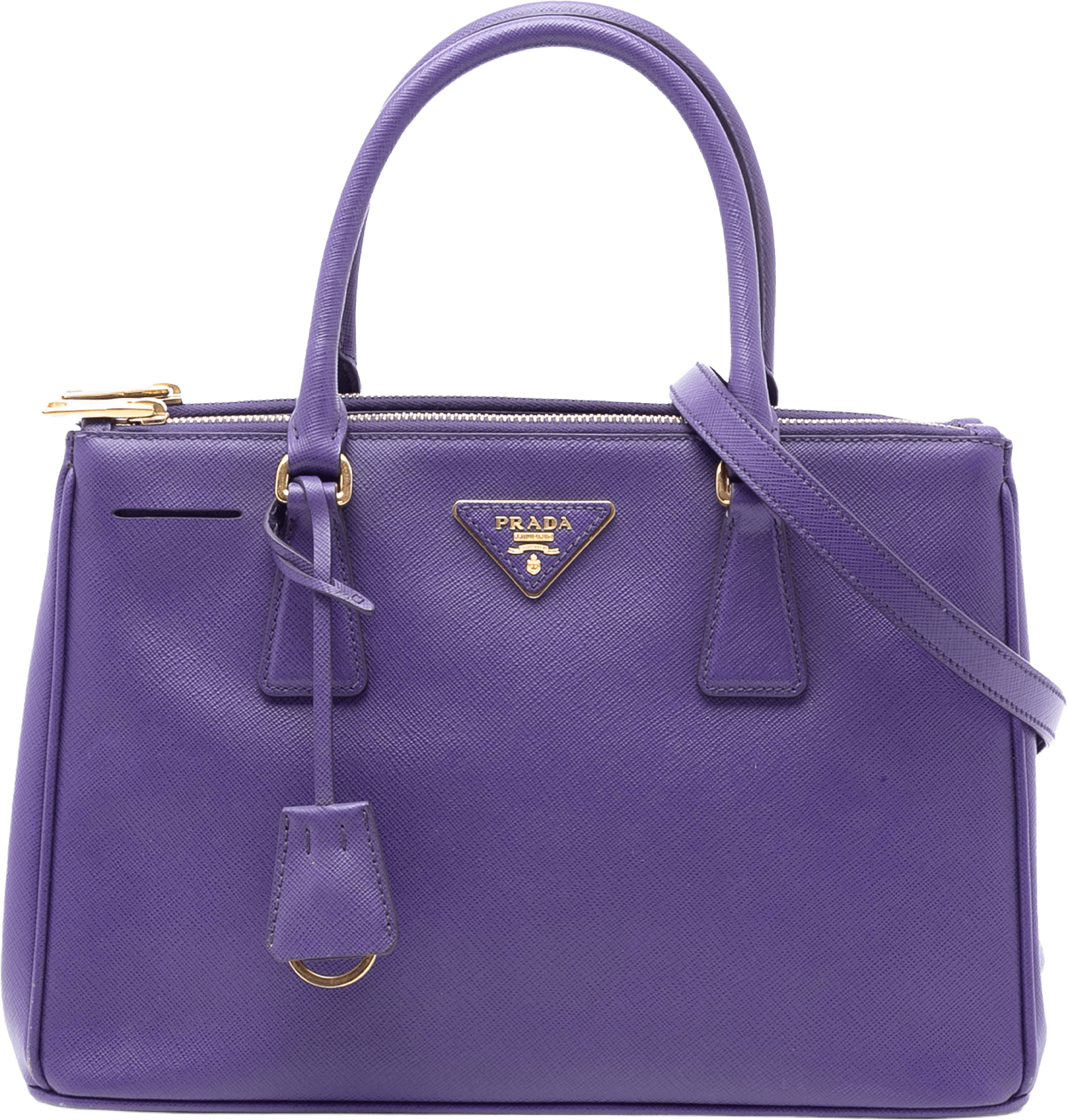 Prada Small Saffiano Lux Galleria Double Zip Satchel, från Luxclusif, i färgen purple.