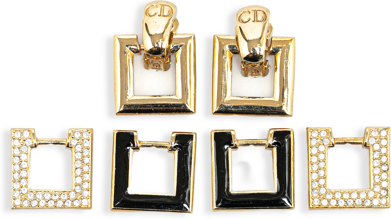 Dior Gold Plated Rhinestone Cd Logo Square Set Clip-on Earrings