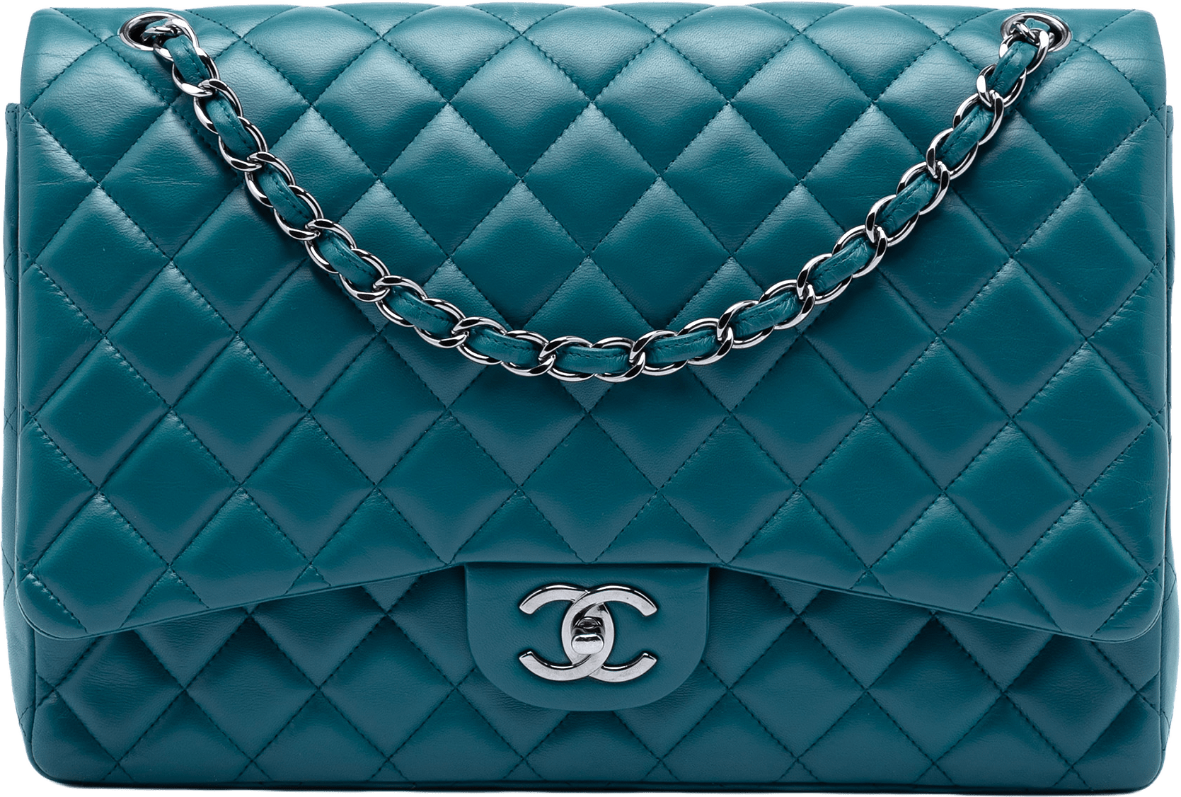 Chanel Maxi Classic Lambskin Double Flap, från Luxclusif, i färgen peacock.