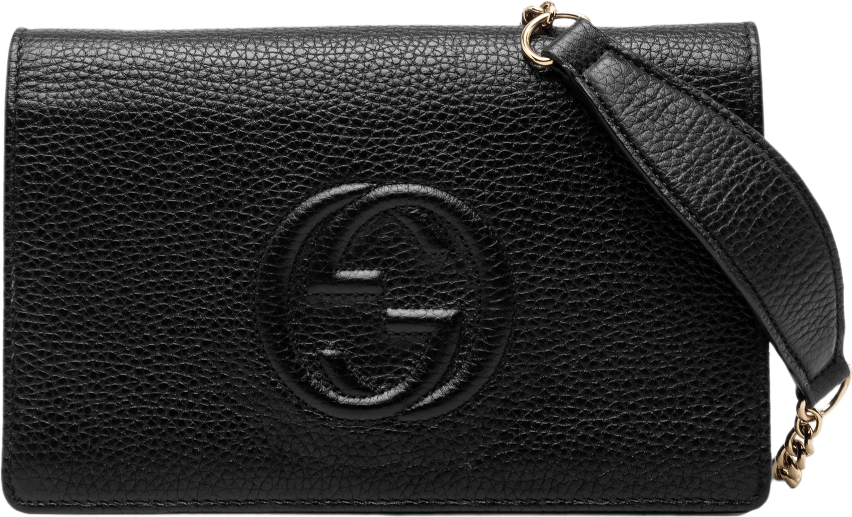 Gucci Pebbled Calfskin Soho Wallet On Chain, från Luxclusif, i färgen svart.