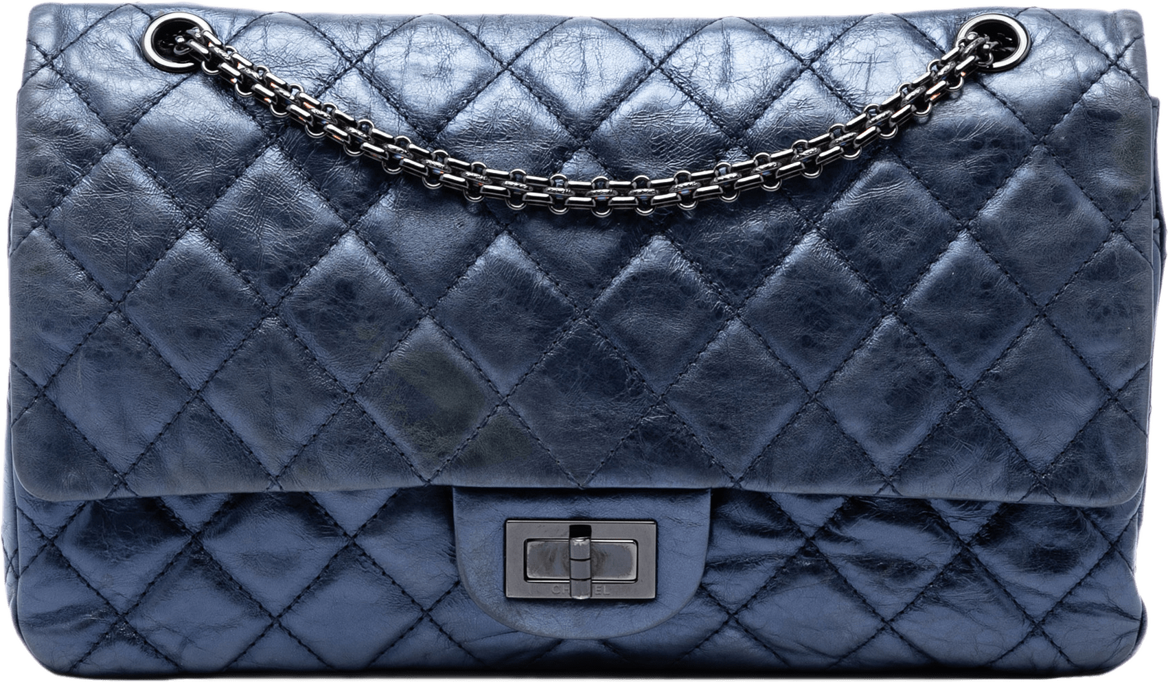 Chanel Quilted Metallic Aged Calfskin Reissue 2.55 Double Flap 227, från Luxclusif, i färgen blå.