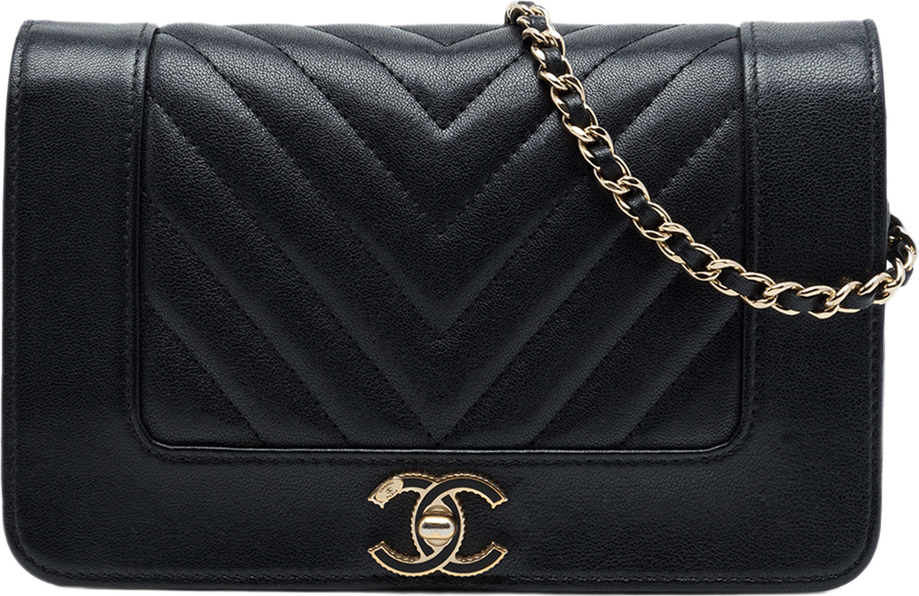 Chanel Chevron Sheepskin Mademoiselle Vintage Wallet On Chain, från Luxclusif, i färgen svart.
