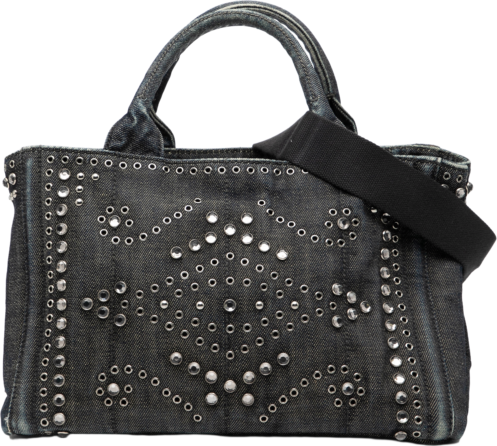 Prada Small Denim Canapa Bijoux And Grommet Satchel, från Luxclusif, i färgen navy.