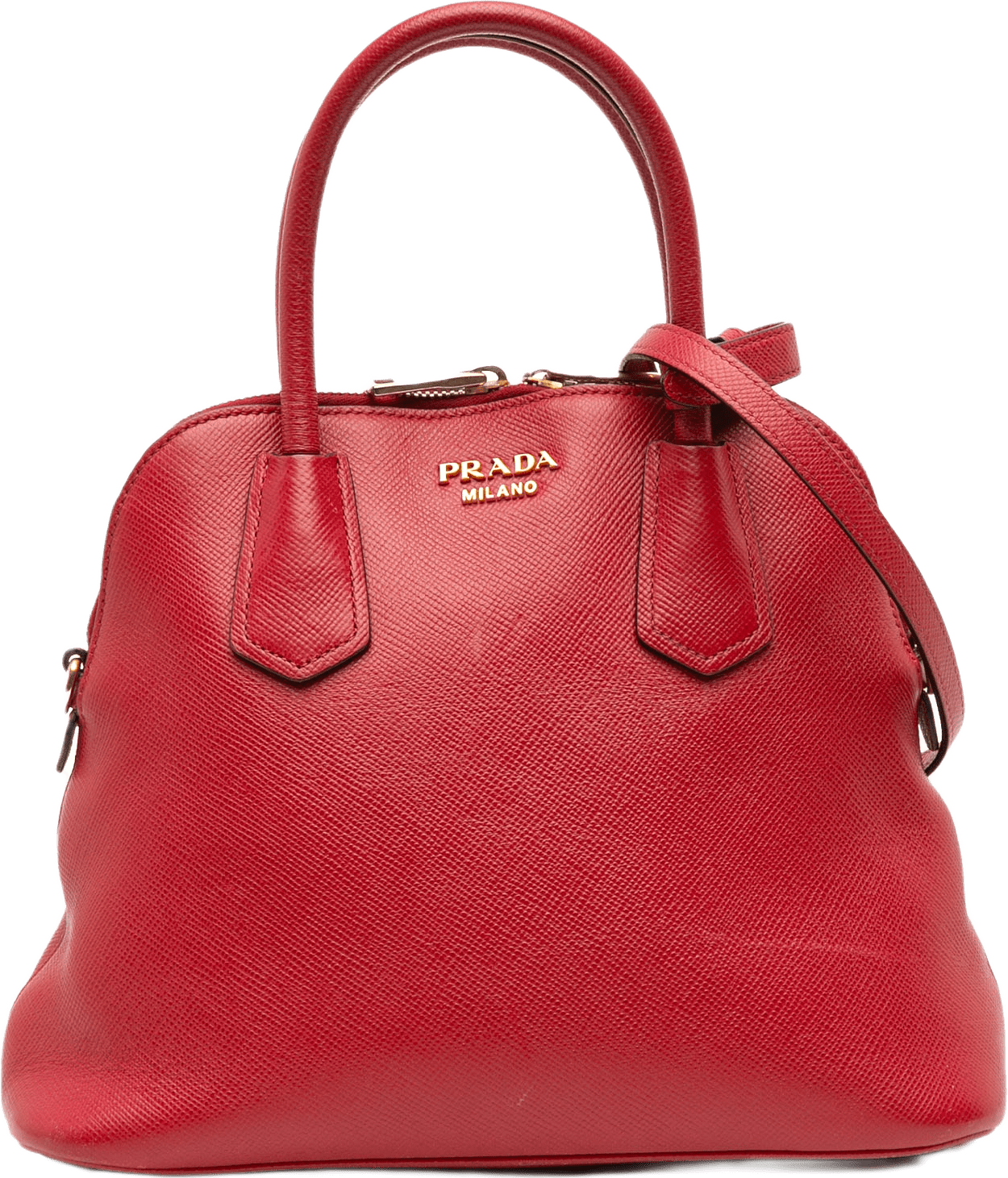 Prada Medium Saffiano Dome Satchel, från Luxclusif, i färgen red.