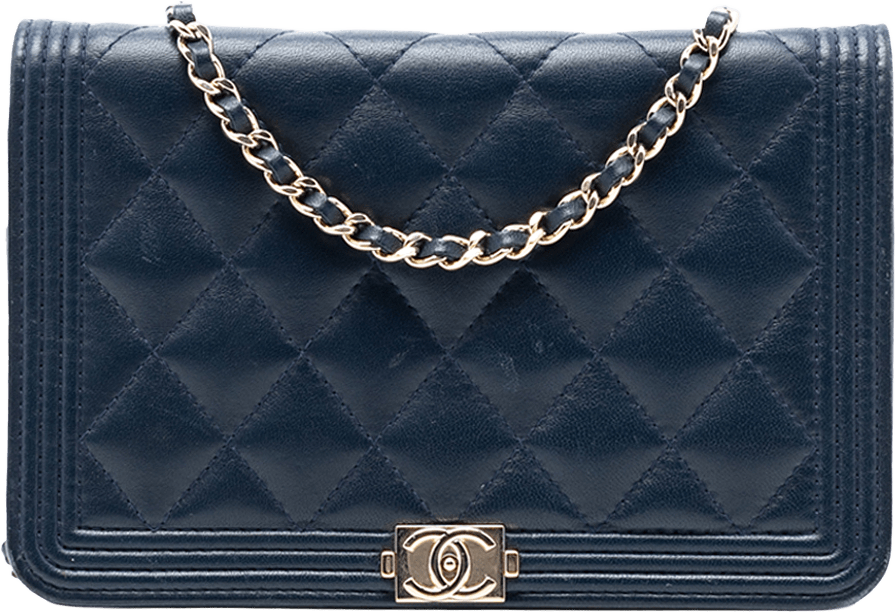 Chanel Quilted Lambskin Boy Wallet On Chain, från Luxclusif, i färgen navy.