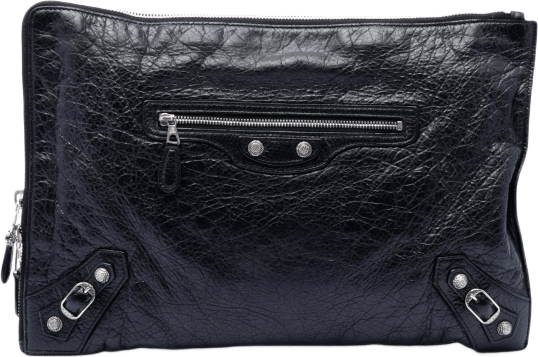 Balenciaga Lambskin Motocross Giant 12 Zip Around Flat Clutch, från Luxclusif, i färgen black.