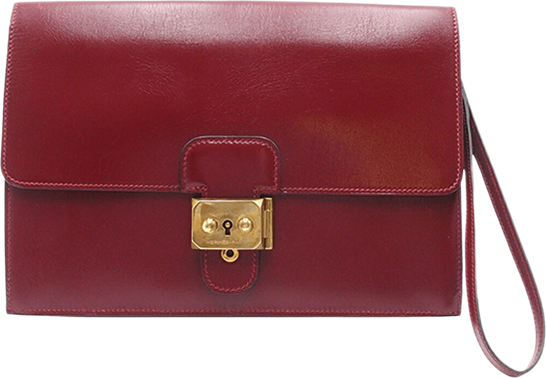 Hermès Box Calf Jet Pochette Clutch, från Luxclusif, i färgen bordeaux.