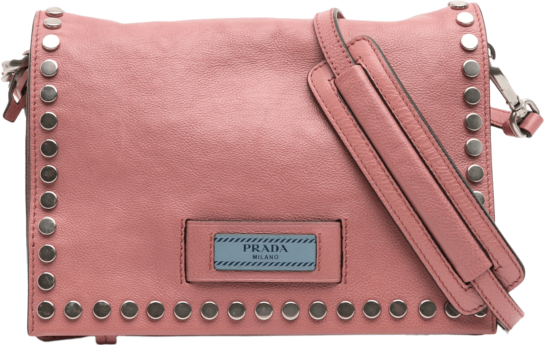 Prada Glace Calf Studded Etiquette Flap Crossbody, från Luxclusif, i färgen pink.
