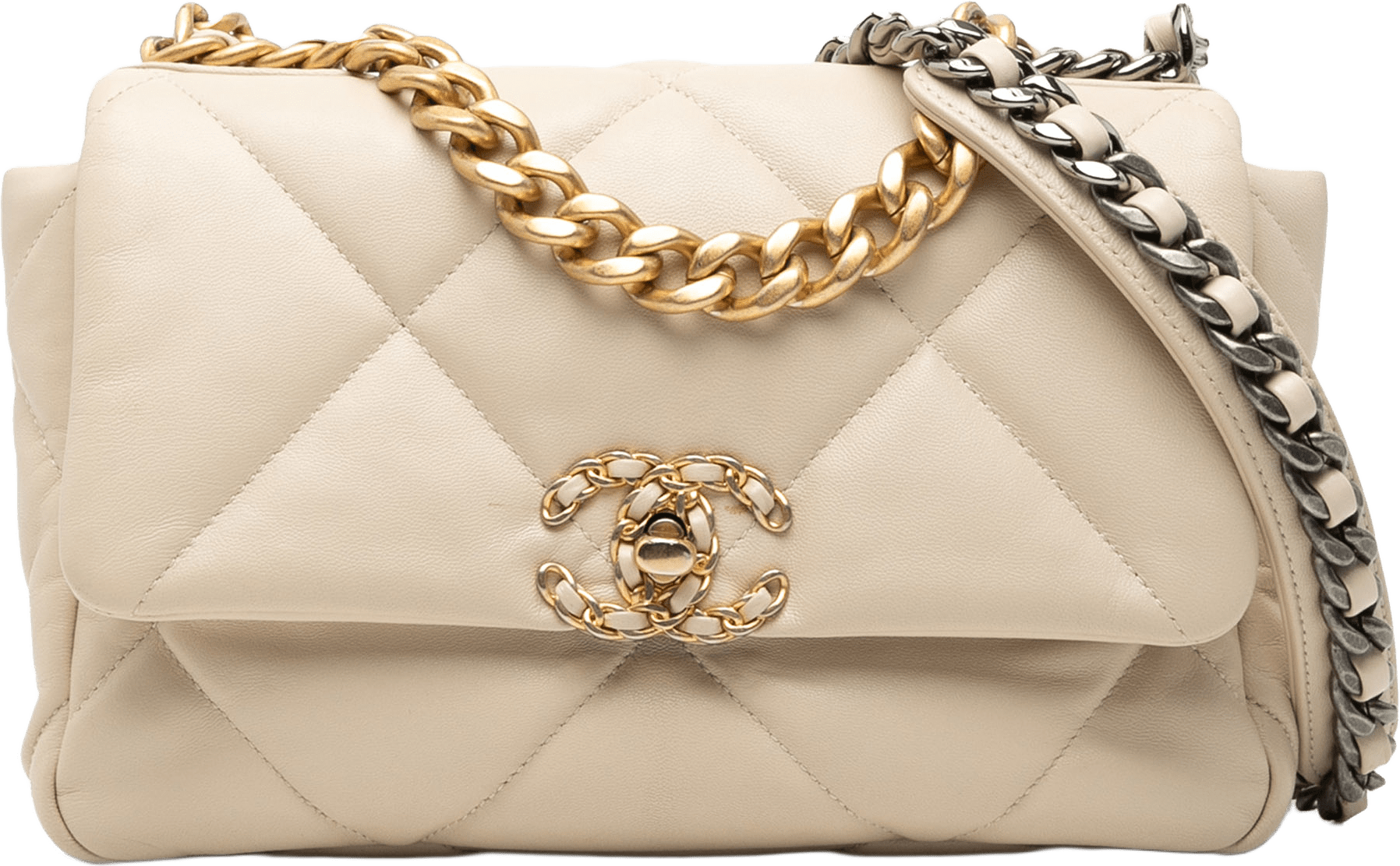 Chanel Medium Lambskin 19 Flap, från Luxclusif, i färgen light beige.