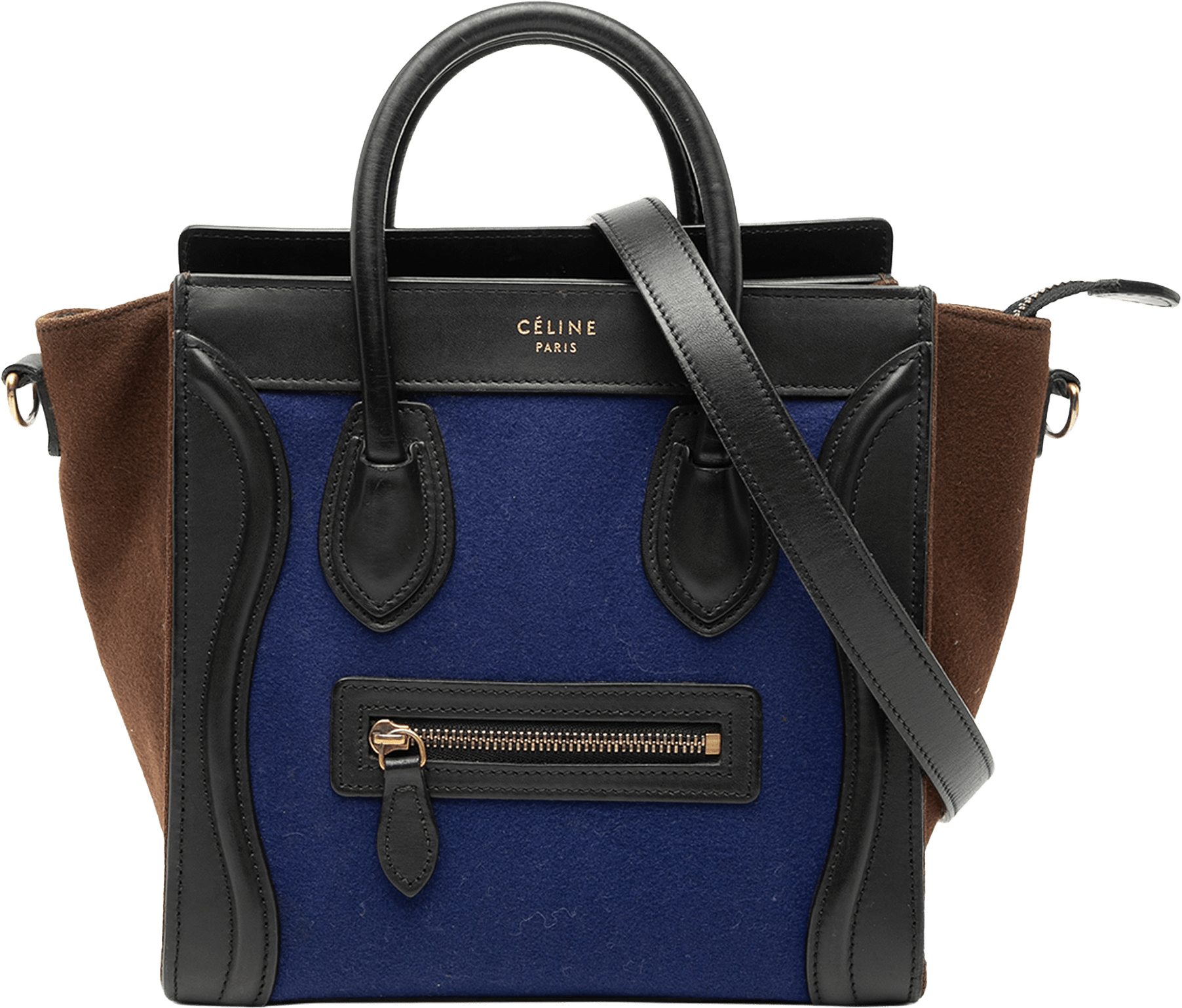 Celine Nano Tricolor Felt Luggage Tote, från Luxclusif, i färgen dark blue.