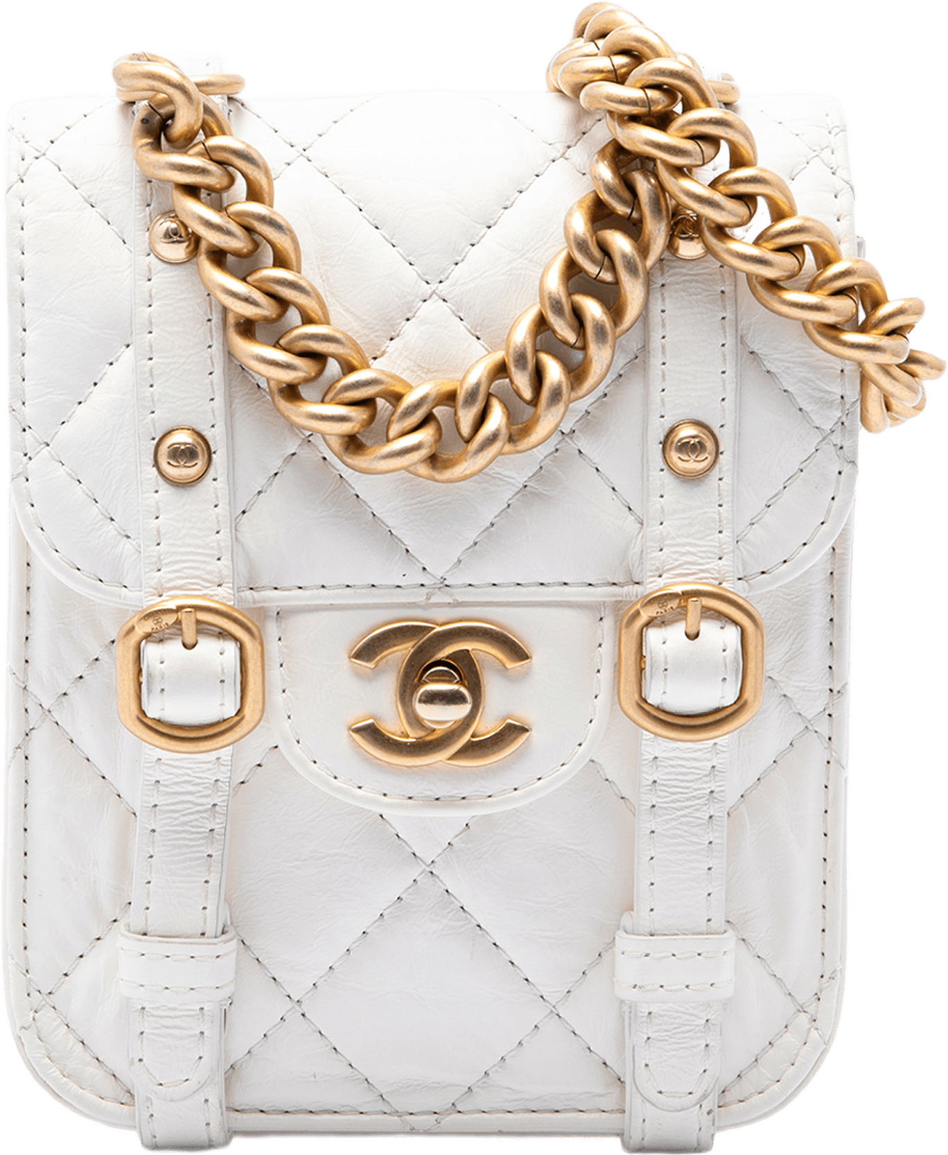 Chanel Mini Aged Calfskin City School Flap, från Luxclusif, i färgen vit.
