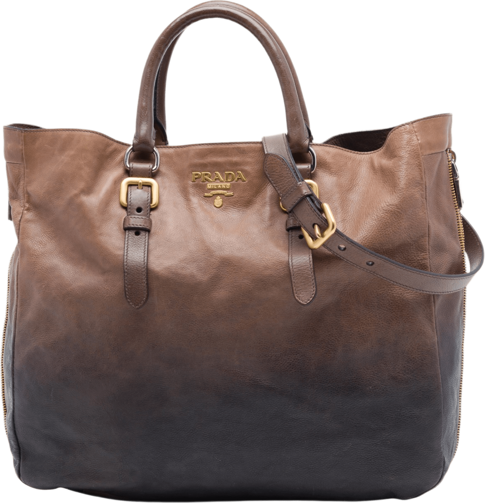 Prada Ombre Vitello Daino Side Zip Convertible Tote, från Luxclusif, i färgen brun.