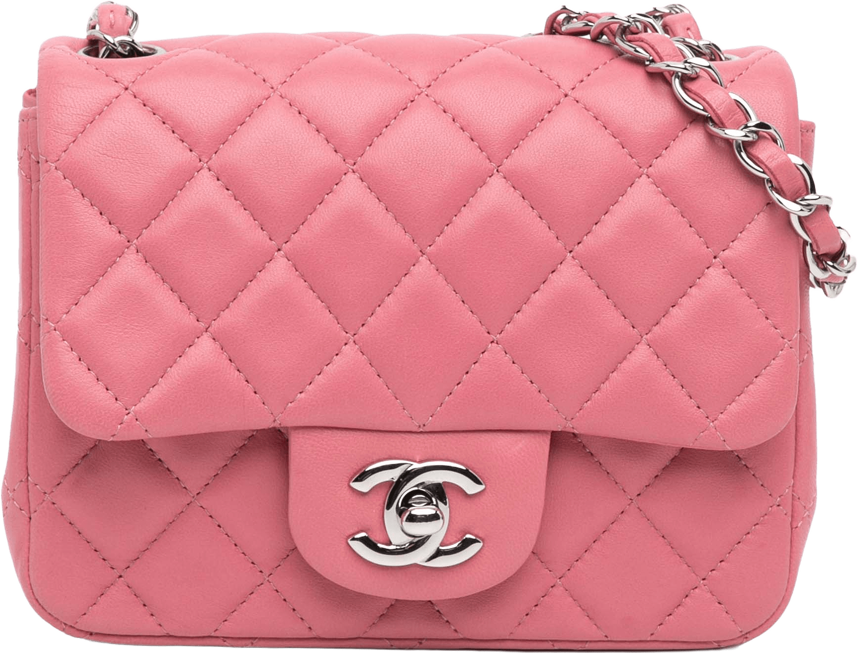 Chanel Mini Square Classic Lambskin Single Flap, från Luxclusif, i färgen pink.