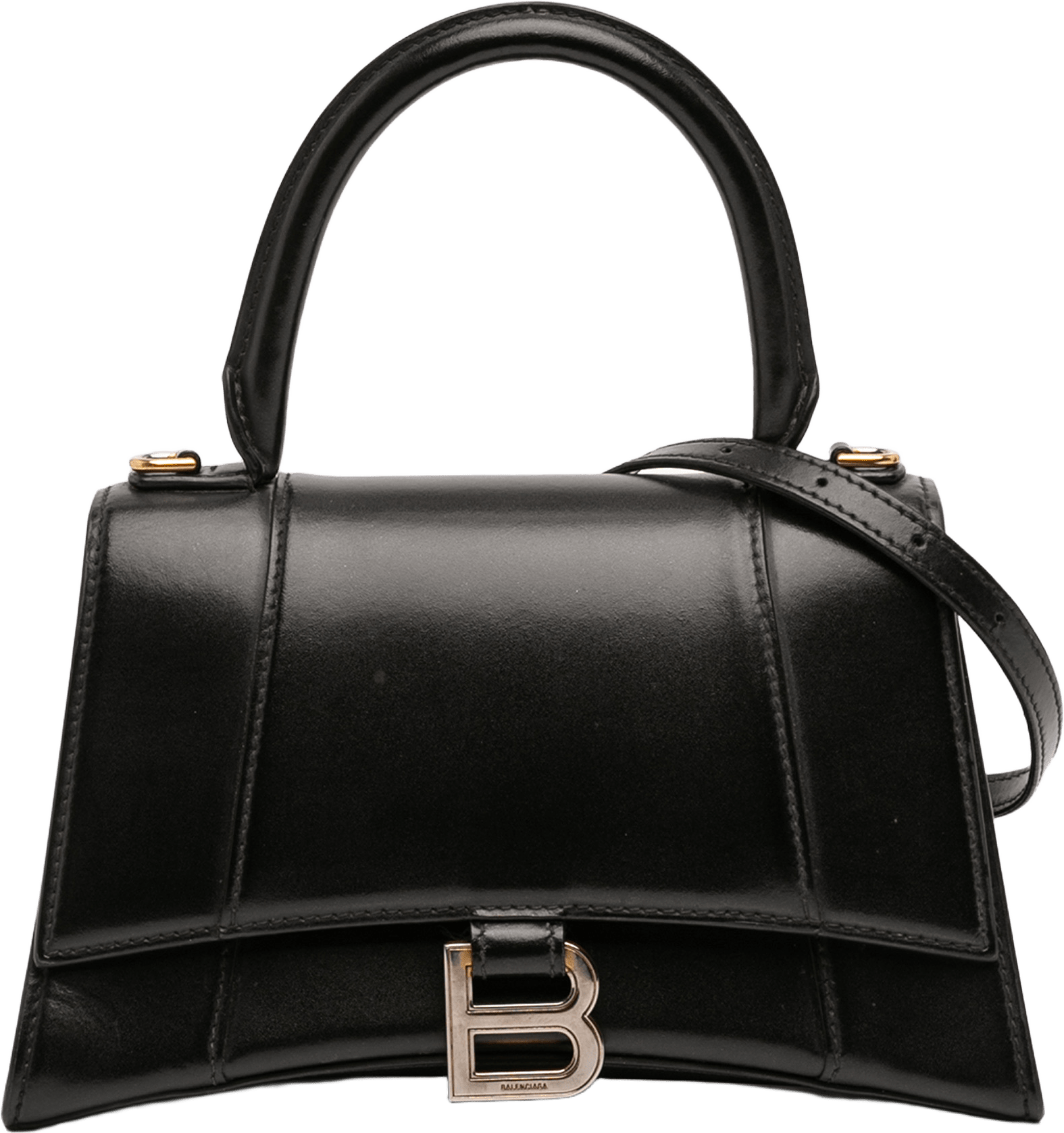 Balenciaga Small Shiny Box Calfskin Hourglass Top Handle Bag, från Luxclusif, i färgen black.