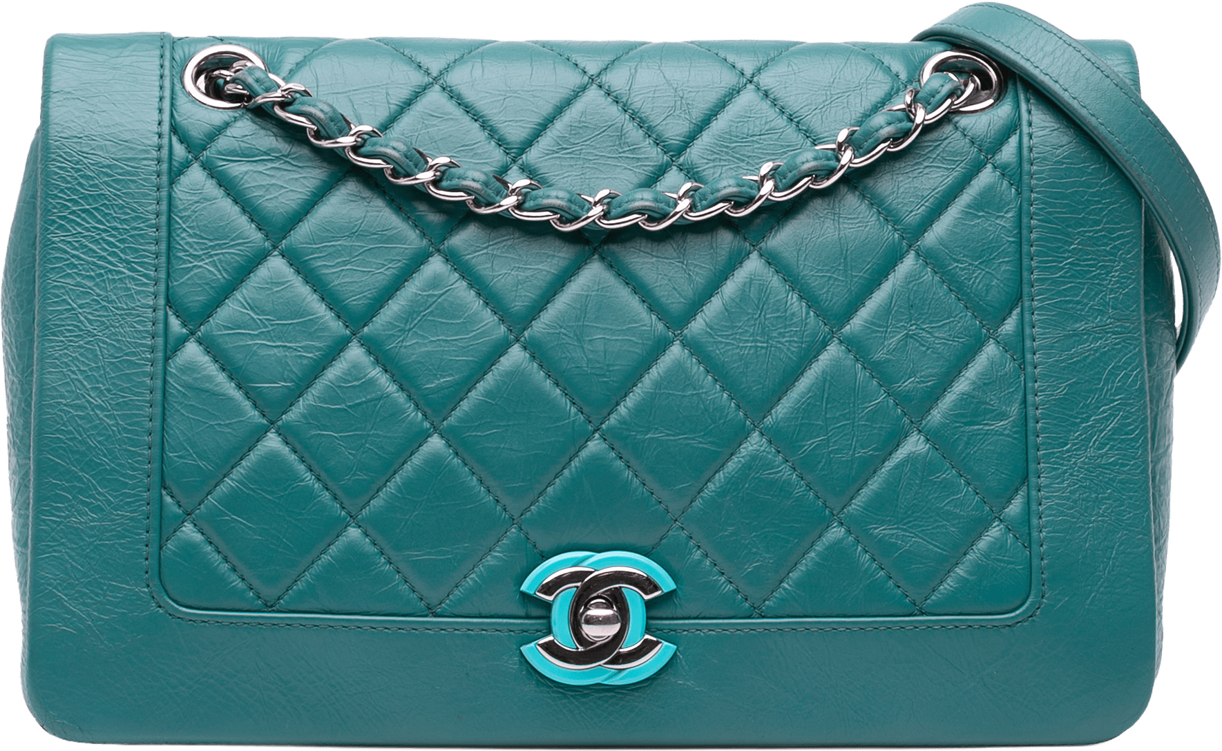 Chanel Medium Crumpled Calfskin Bi Vintage Full Flap, från Luxclusif, i färgen turquoise.