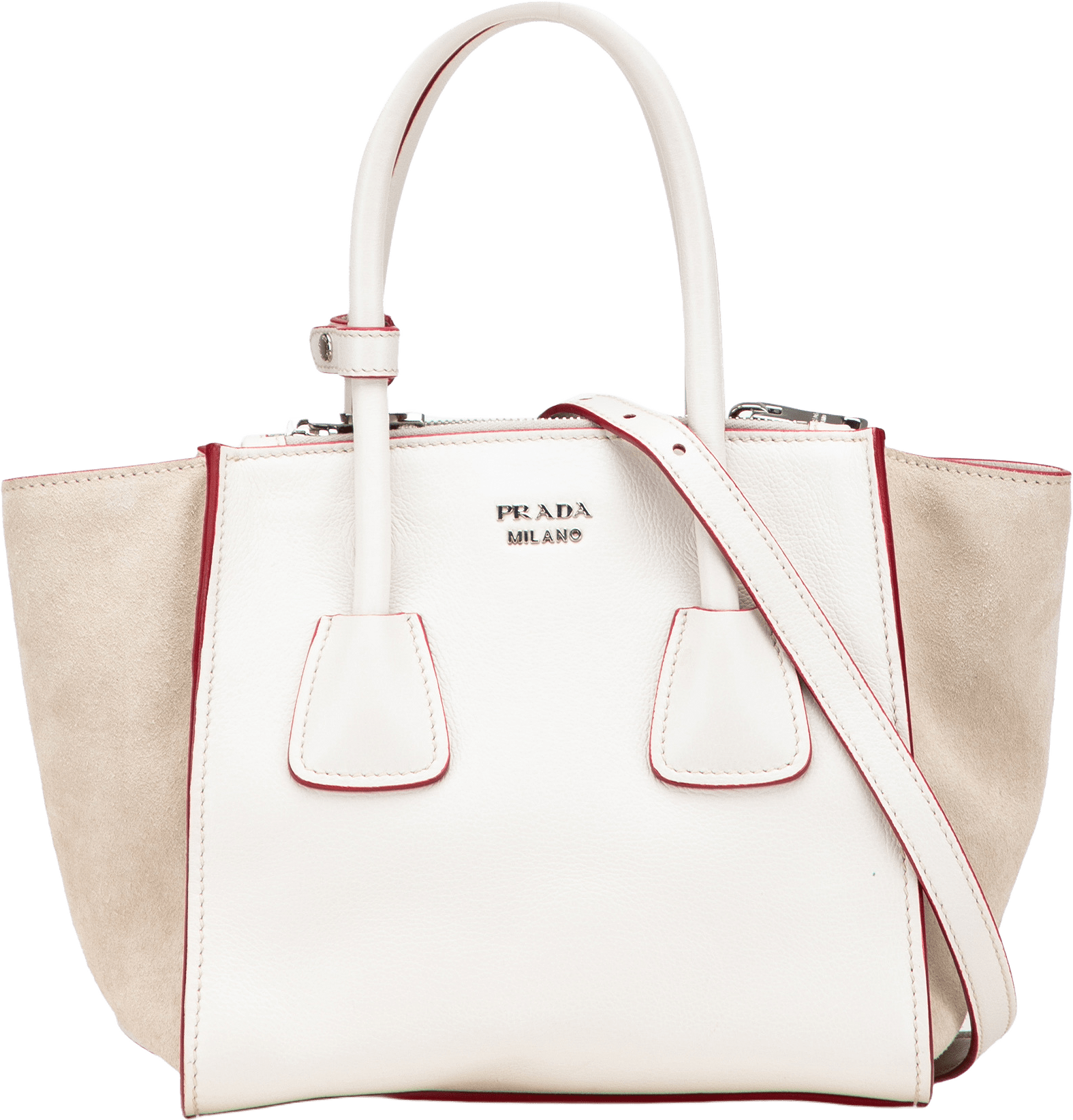 Prada Mini Scamosciato Trimmed Glace Calf Twin Pocket Satchel, från Luxclusif, i färgen ivory.