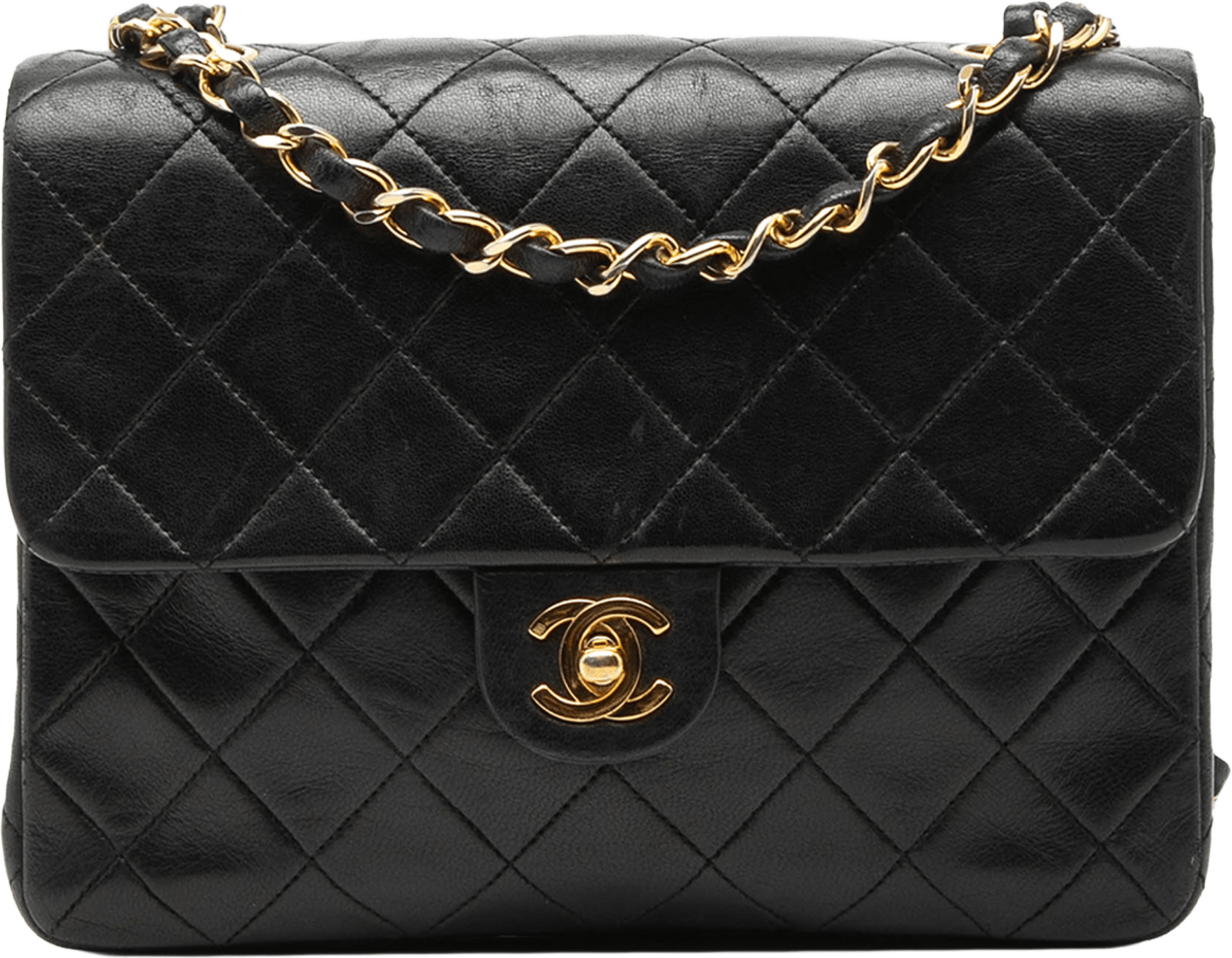 Chanel Small Square Quilted Lambskin Flap, från Luxclusif, i färgen black.