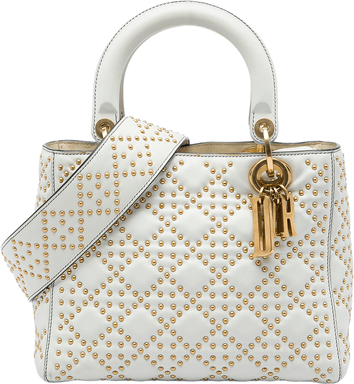 Dior Medium Lambskin Cannage Studded Supple Lady Dior, från Luxclusif, i färgen vit.