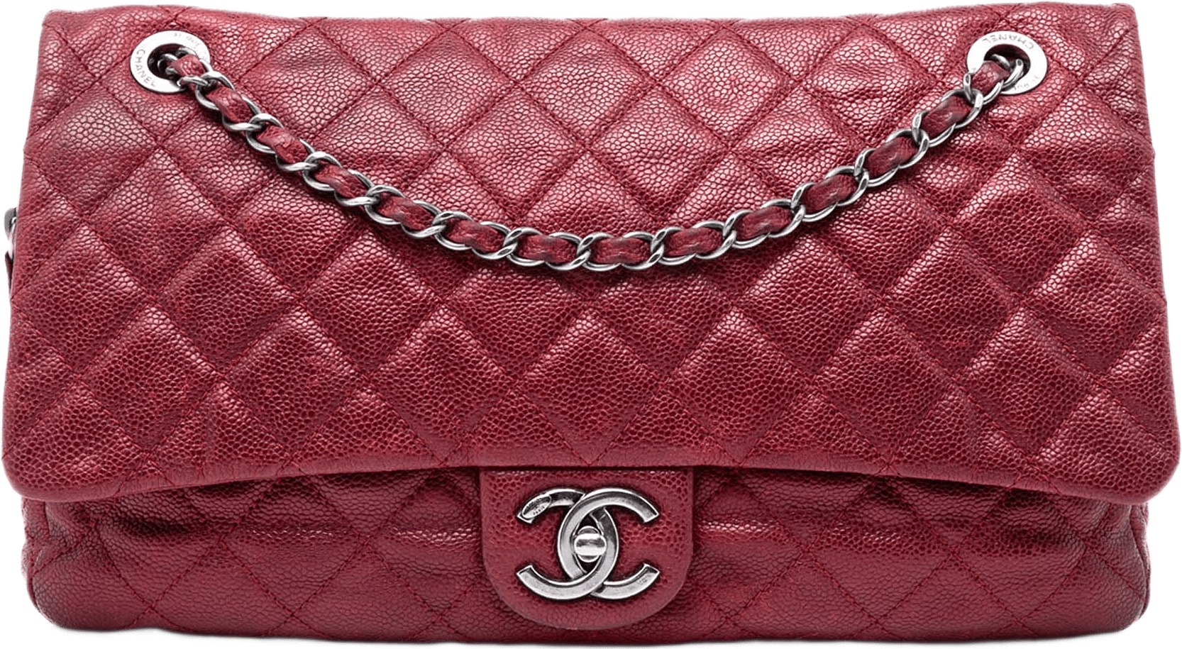 Chanel Jumbo Quilted Iridescent Caviar Easy Flap, från Luxclusif, i färgen red.