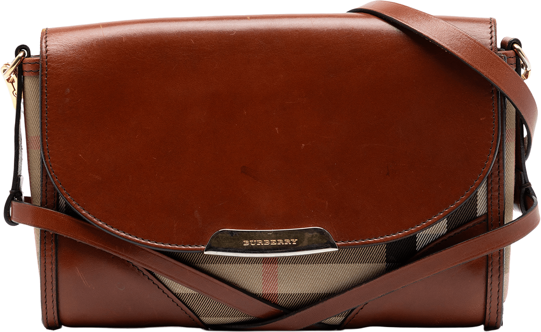 Burberry Leather And House Check Canvas Bridle Abbott Crossbody, från Luxclusif, i färgen brown.