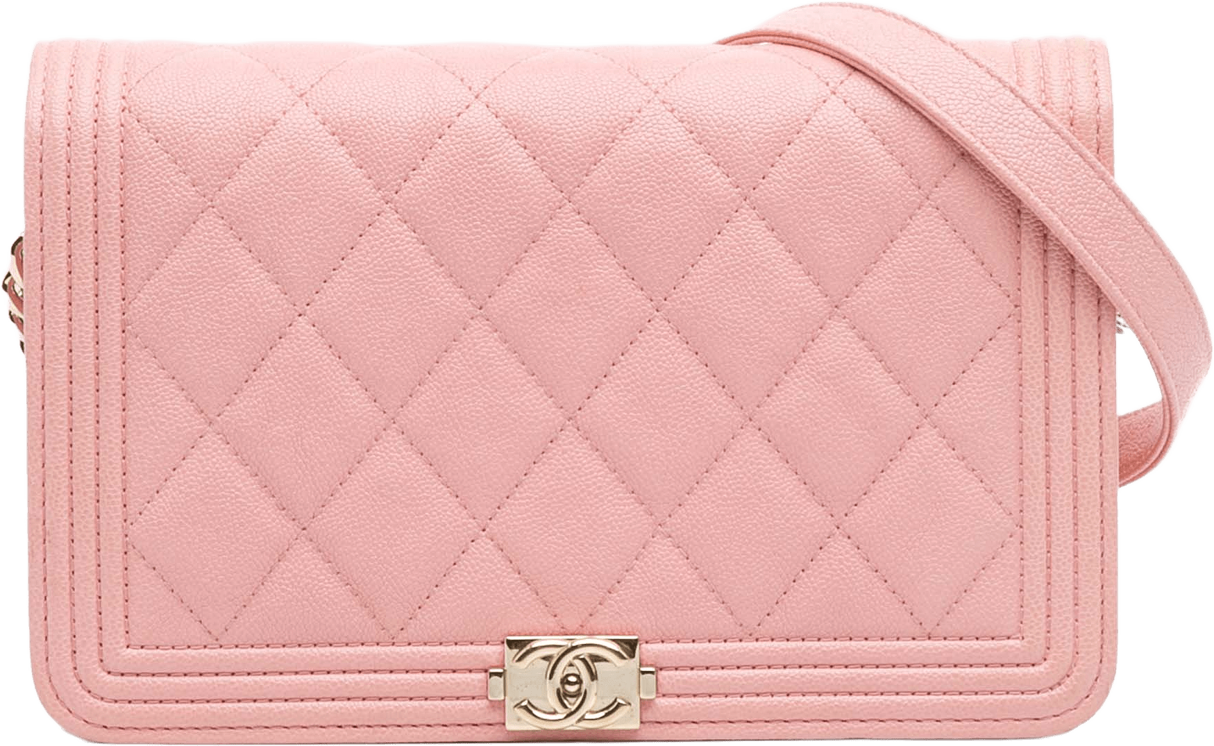 Chanel Quilted Caviar Boy Wallet On Chain, från Luxclusif, i färgen pink.