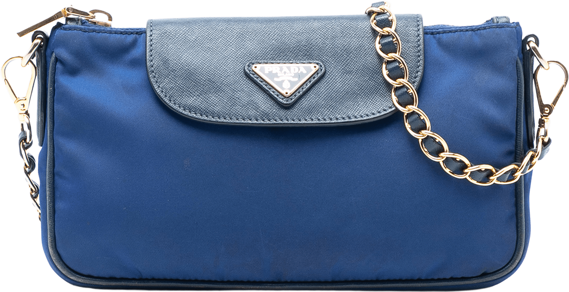 Prada Saffiano Trimmed Tessuto Chain Crossbody, från Luxclusif, i färgen blue.