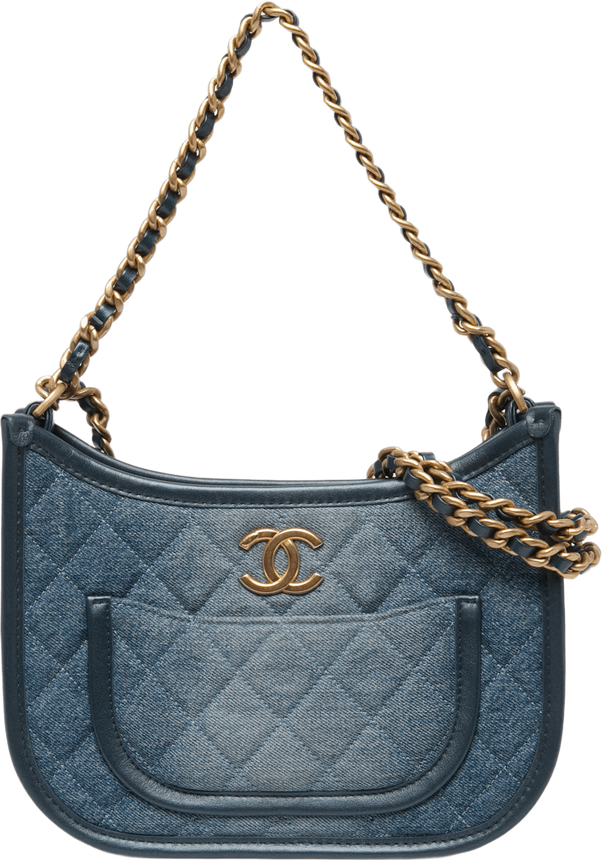 Chanel Cc Quilted Denim Hobo Bag, från Luxclusif, i färgen blå.