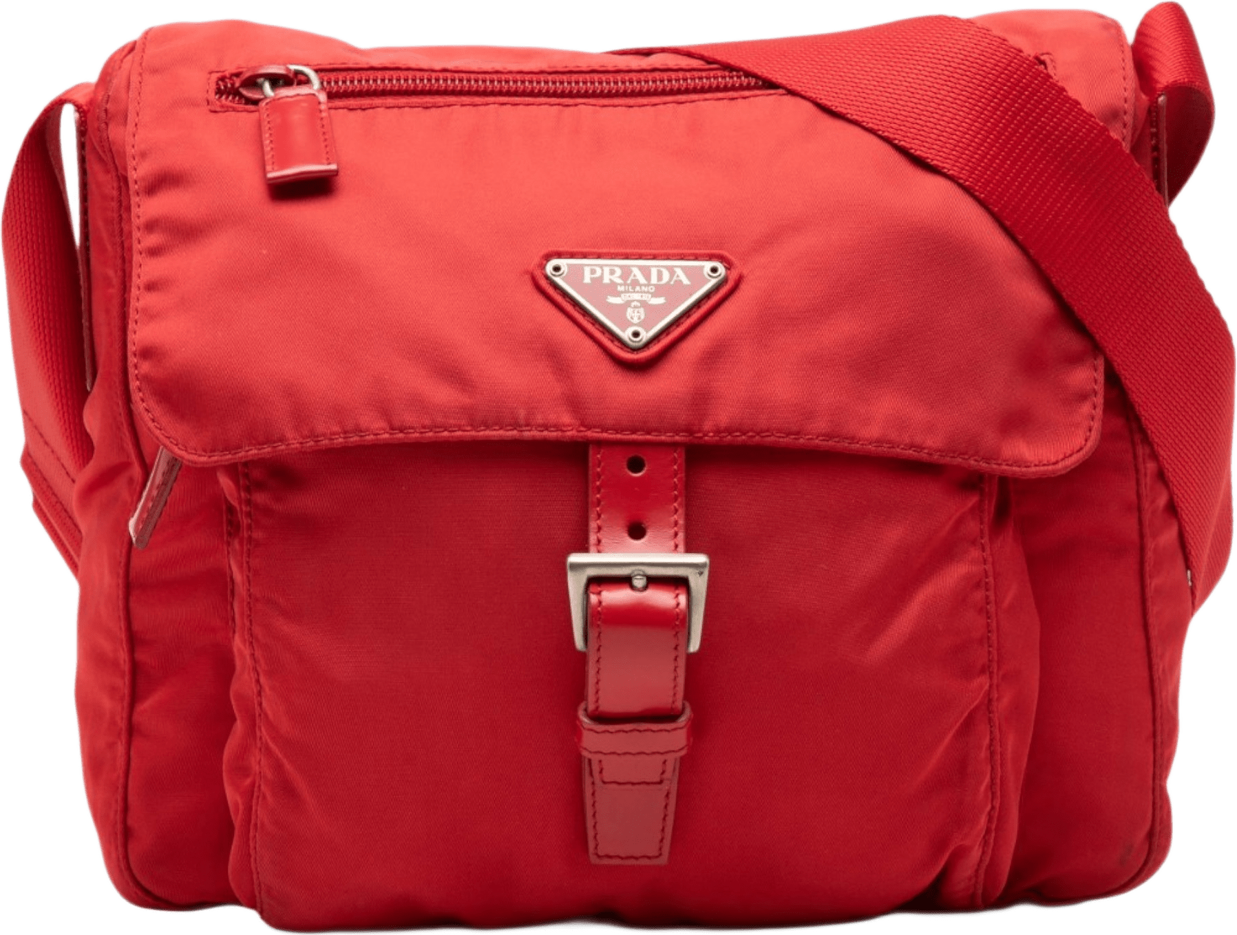 Prada Tessuto Zip Buckle Messenger Bag, från Luxclusif, i färgen röd.