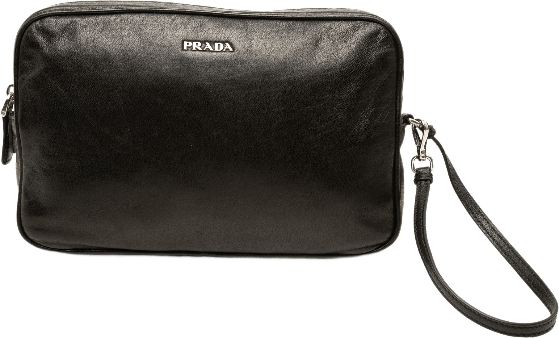 Prada Soft Calf Logo Wristlet Clutch, från Luxclusif, i färgen svart.