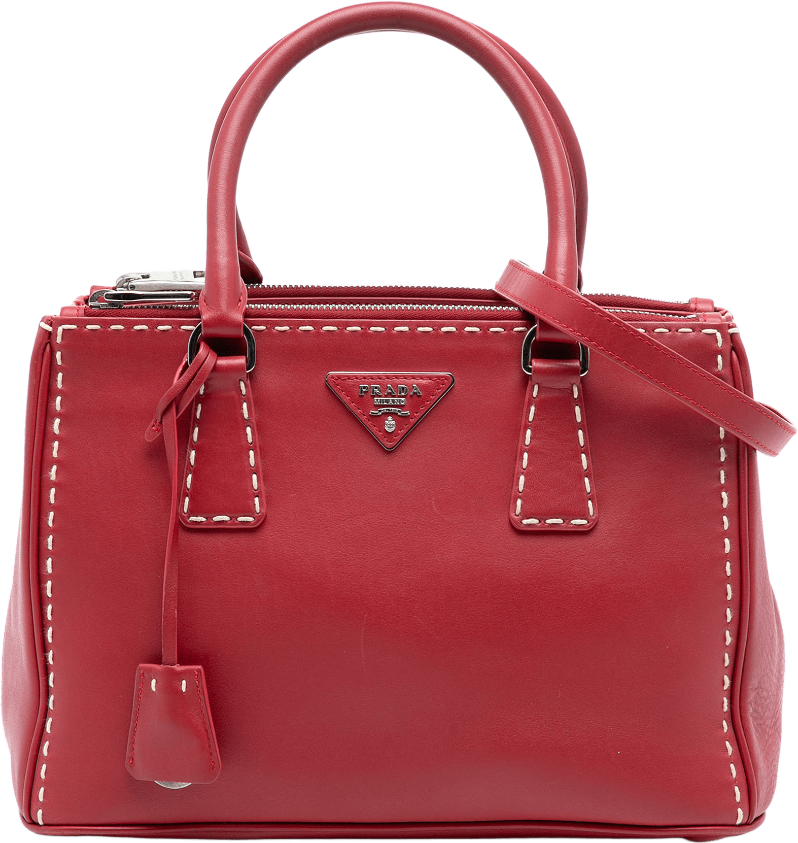 Prada Small City Calf Hand Stitched Galleria Double Zip Satchel, från Luxclusif, i färgen red.