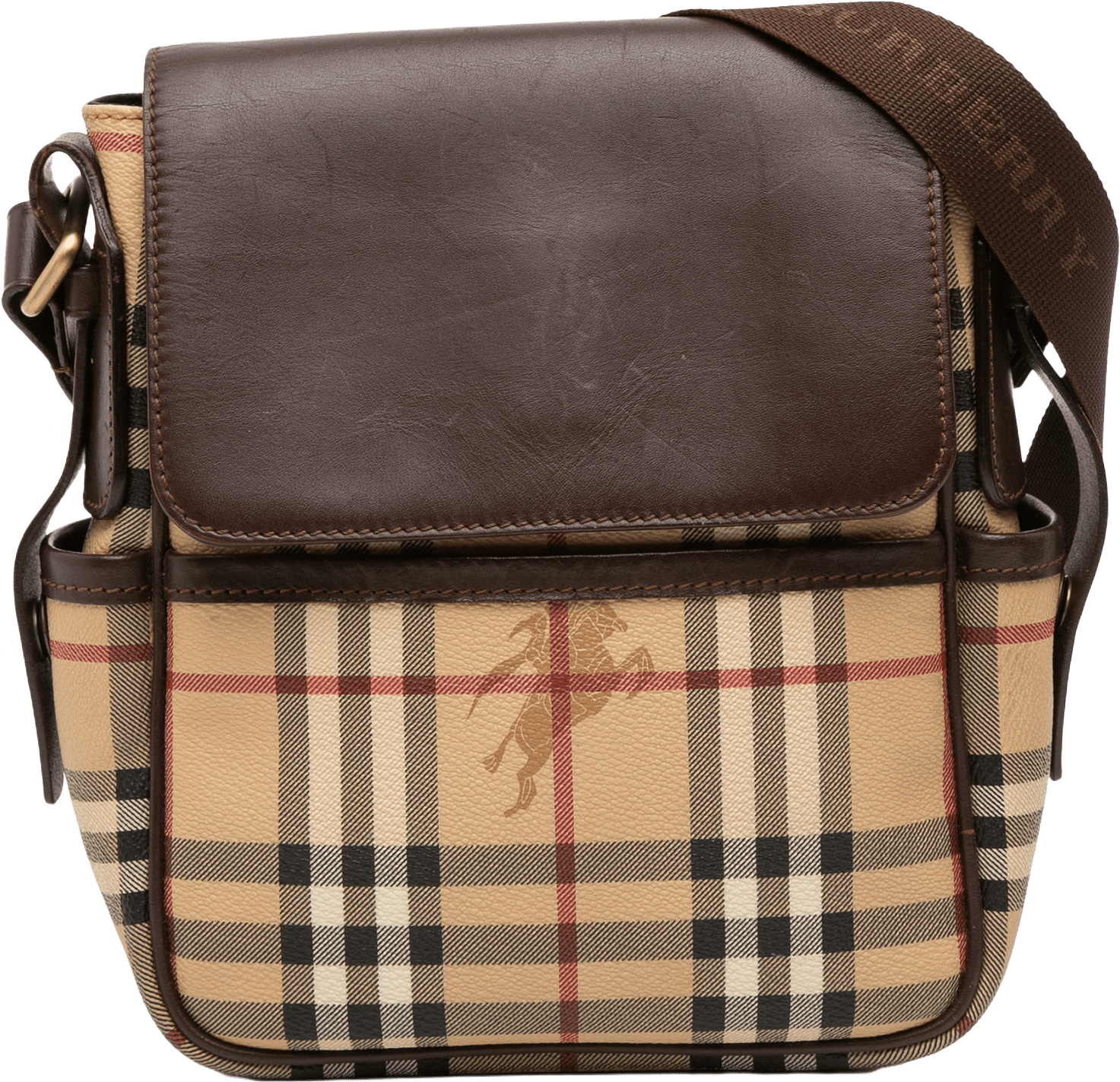 Burberry Haymarket Check Coated Canvas Flap Crossbody, från Luxclusif, i färgen beige.