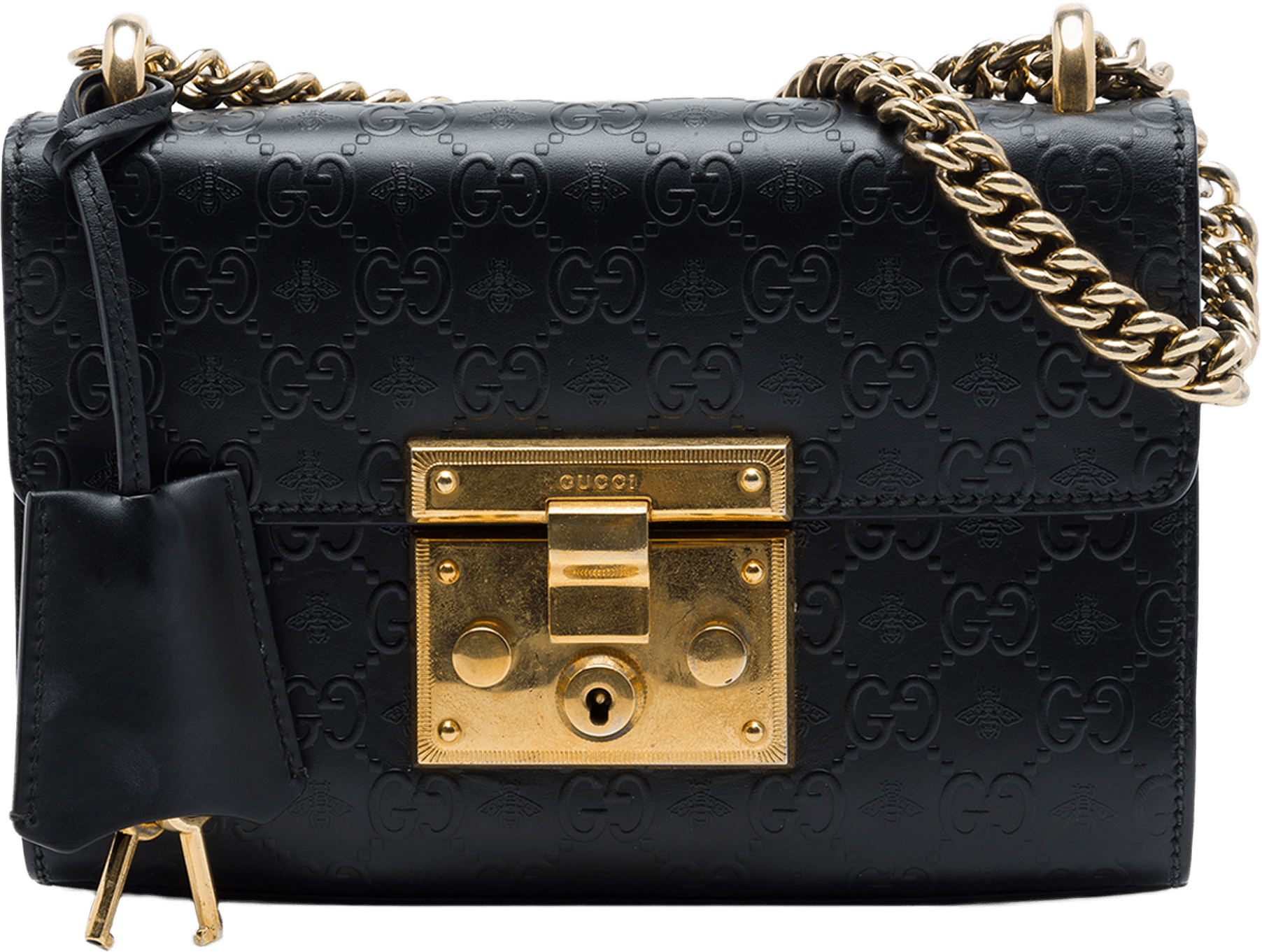 Gucci Small Guccissima Bee Padlock Crossbody, från Luxclusif, i färgen svart.