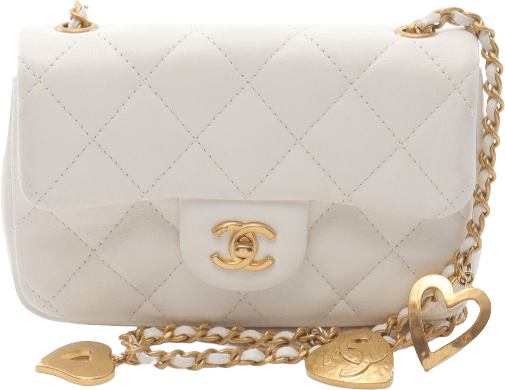 Chanel Mini Rectangular Quilted Lambskin Heart Charms Flap, från Luxclusif, i färgen white.