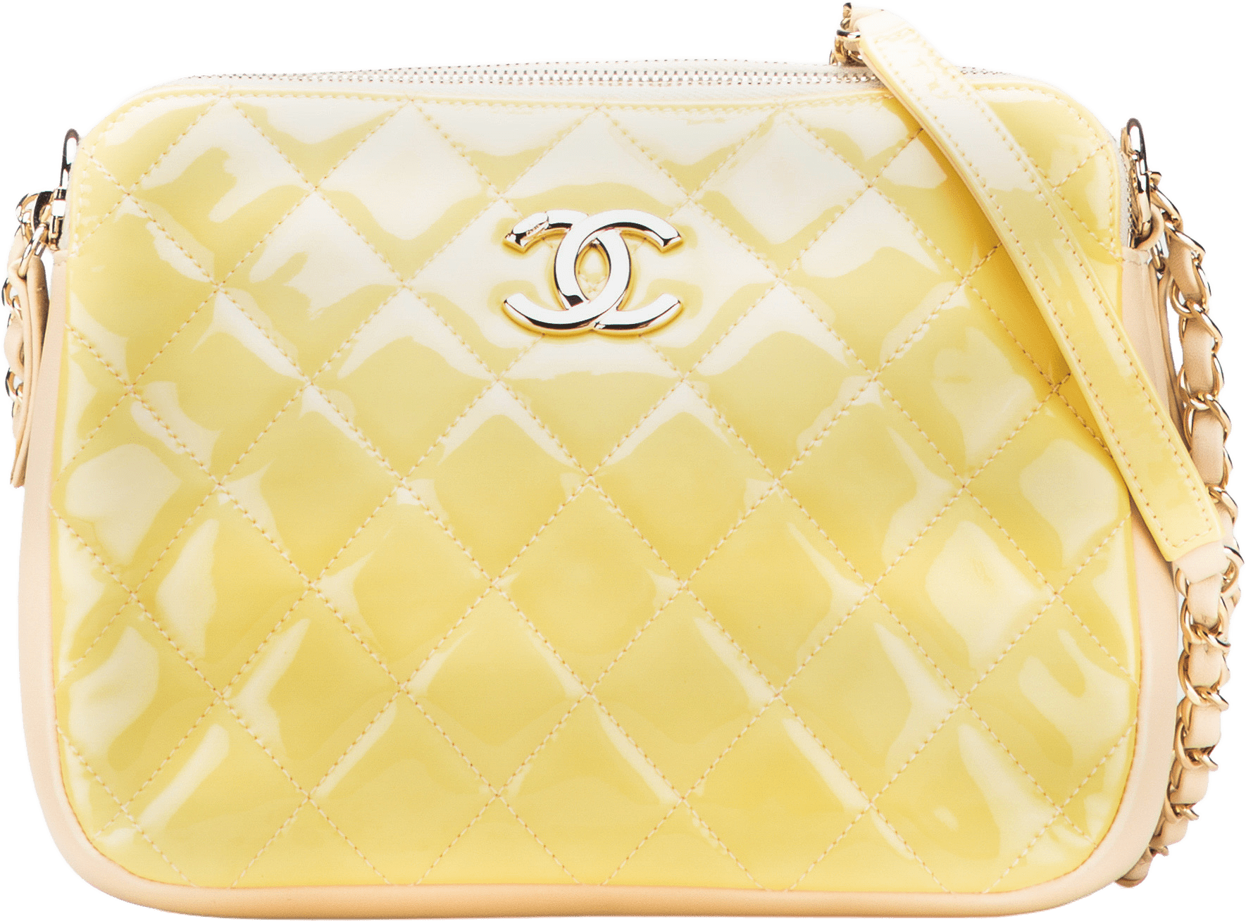 Chanel Quilted Patent Chain Double Zip Crossbody, från Luxclusif, i färgen yellow.