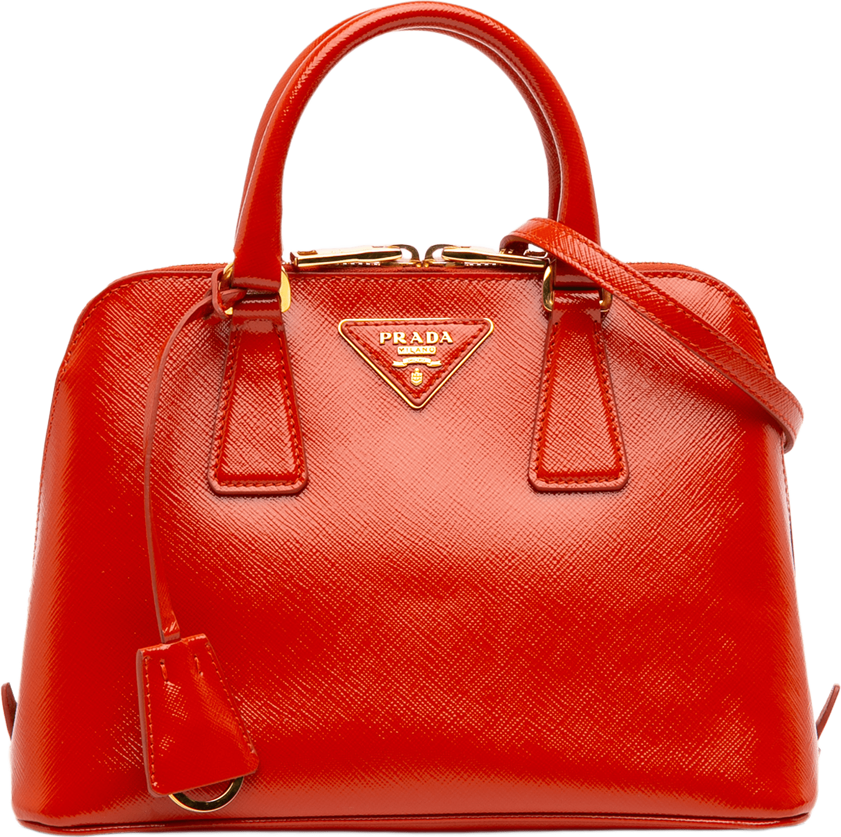 Prada Small Saffiano Vernice Promenade Satchel, från Luxclusif, i färgen dark orange.