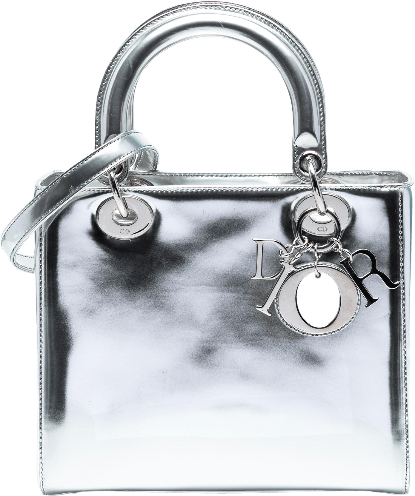 Dior Medium Metallic Patent Lady Dior, från Luxclusif, i färgen silver.