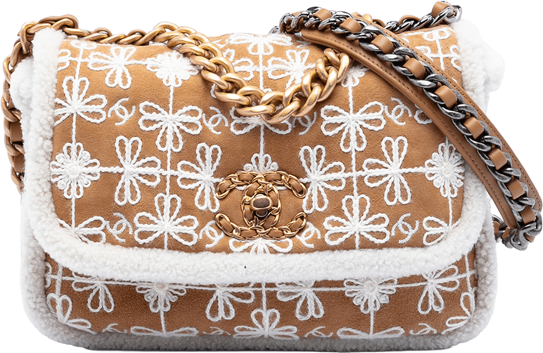Chanel Medium Embroidered Suede 19 Flap With Shearling Trim, från Luxclusif, i färgen brown.