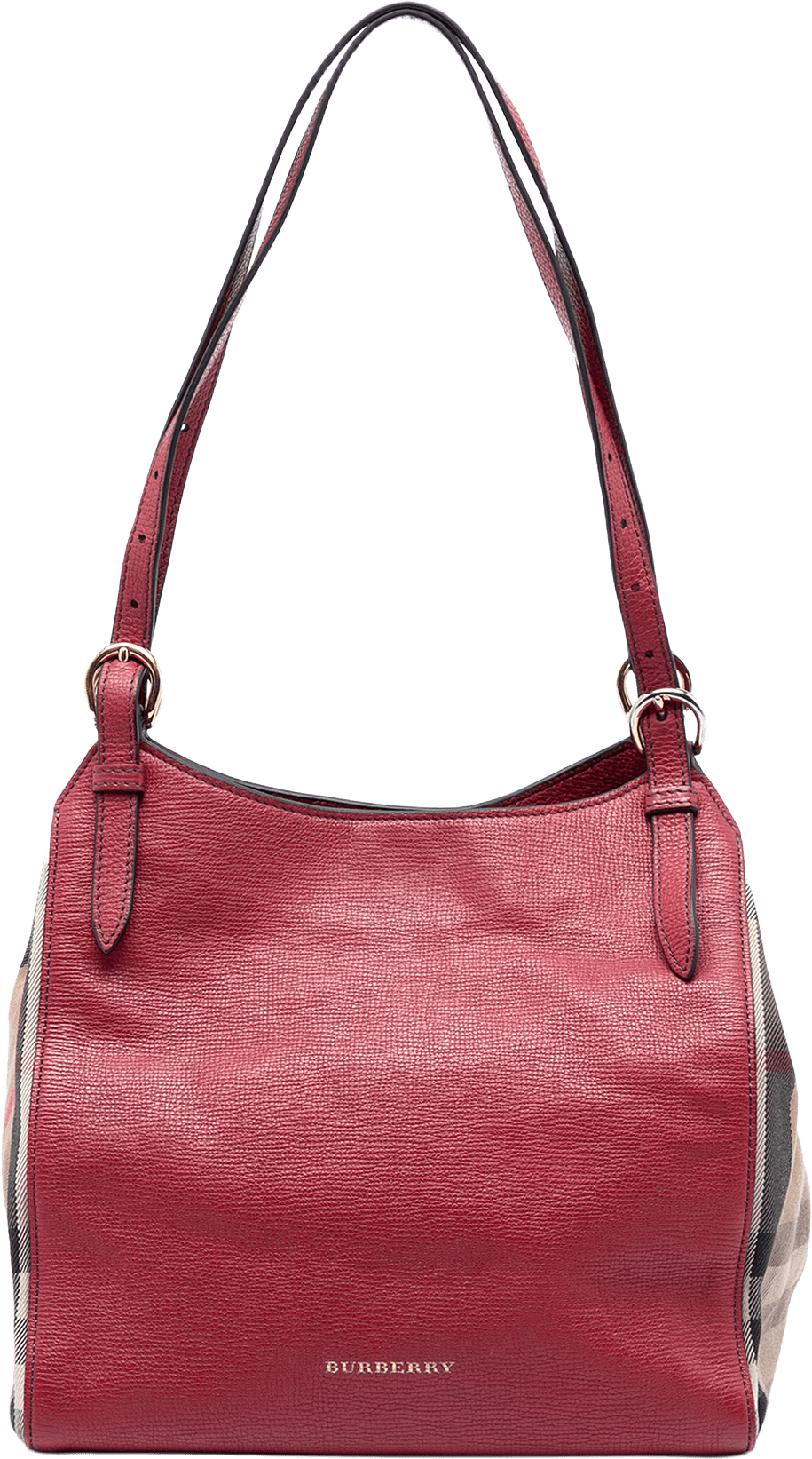 Burberry Small Leather And House Check Canvas Canterbury Tote, från Luxclusif, i färgen red.