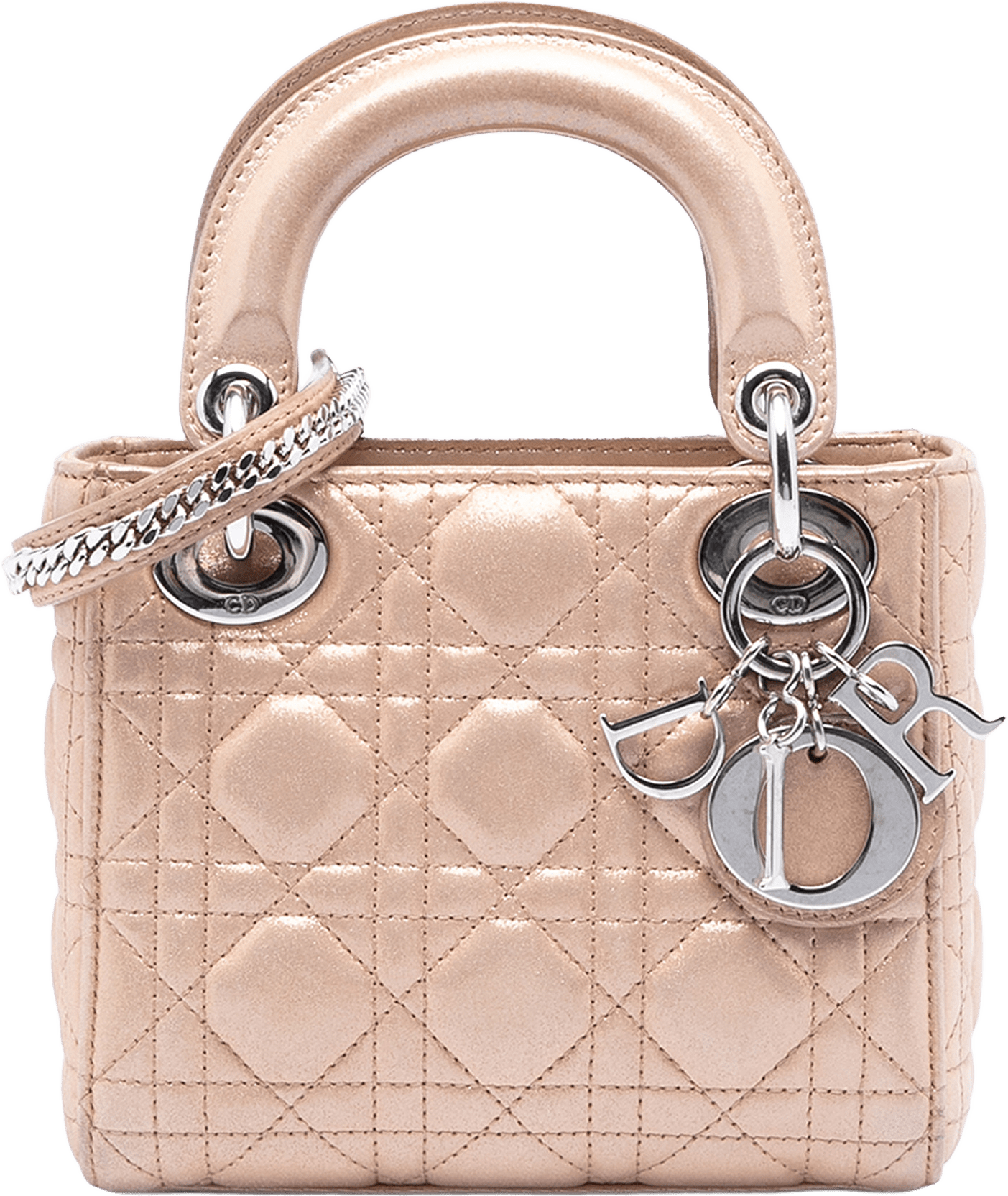 Dior Mini Iridescent Lambskin Cannage Lady Dior, från Luxclusif, i färgen beige.