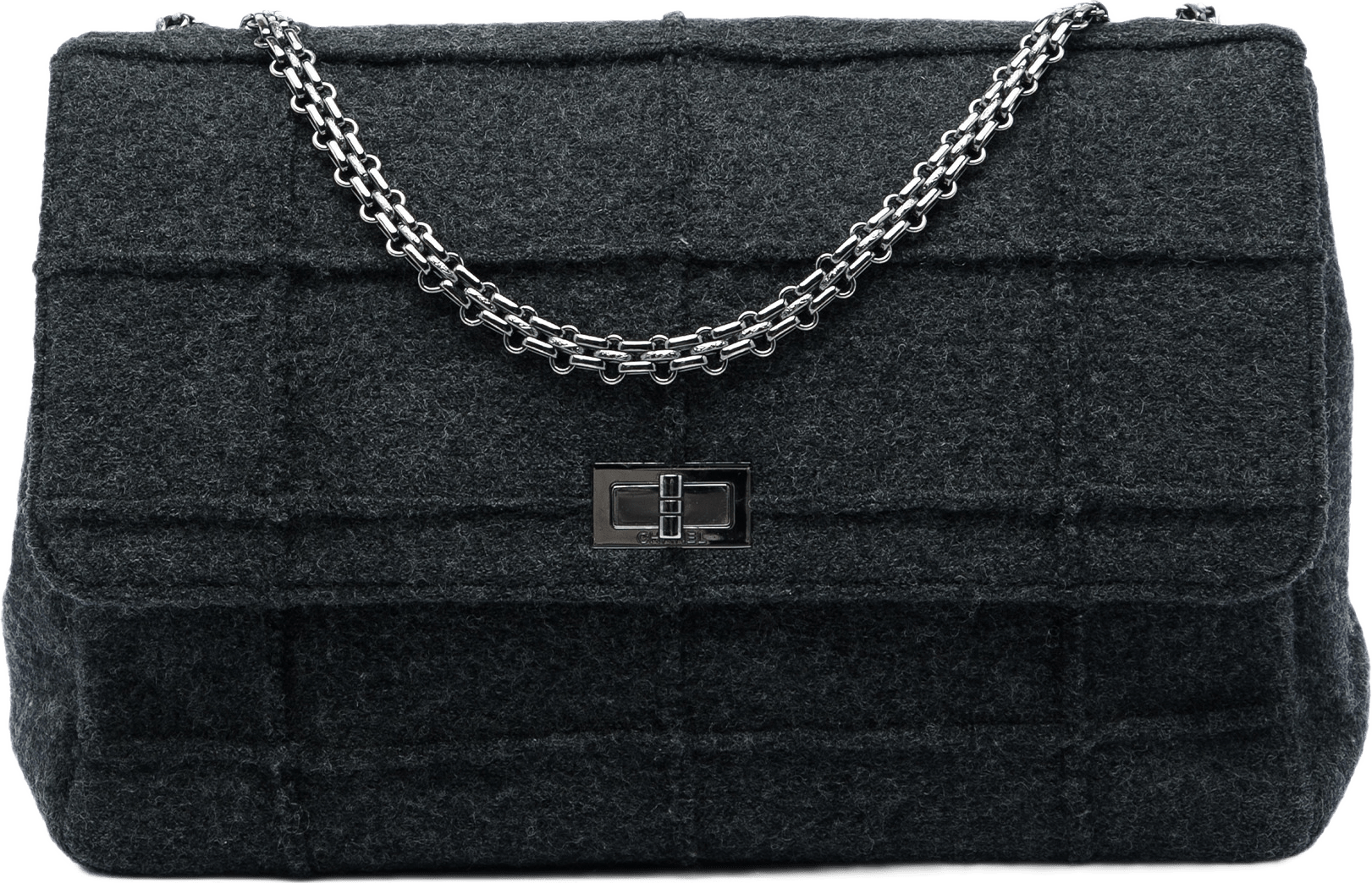 Chanel Identification Jumbo Chocolate Bar Wool Felt Reissue 2.55 Flap, från Luxclusif, i färgen grå.