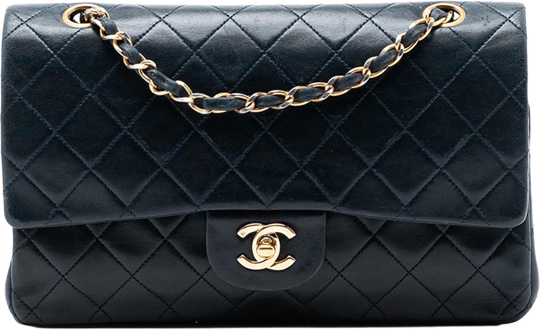 Chanel Medium Classic Lambskin Double Flap, från Luxclusif, i färgen navy.