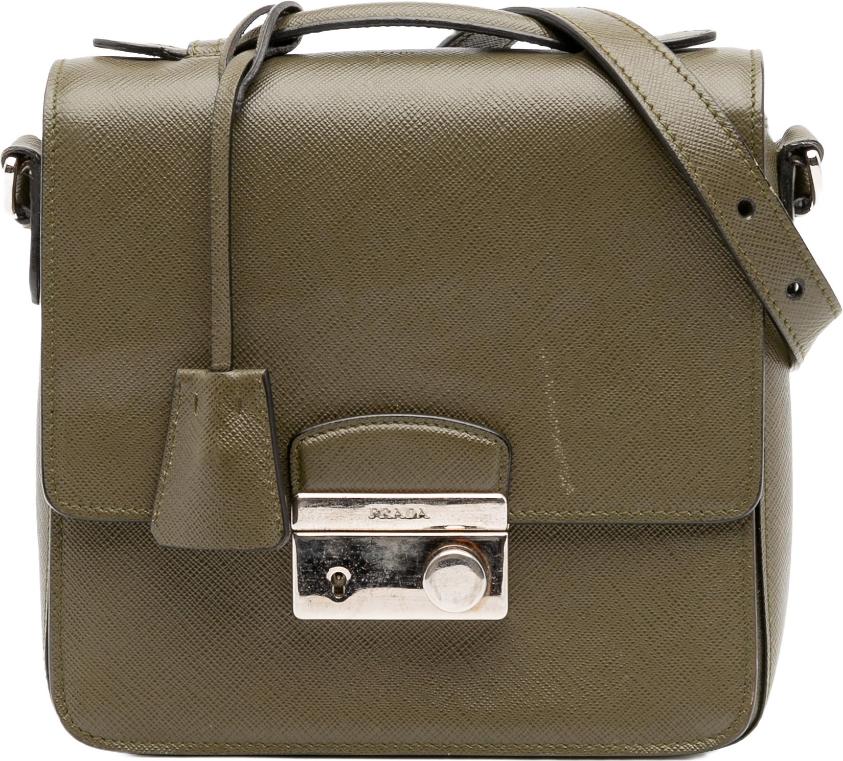 Prada Small Saffiano Lux Sound Satchel, från Luxclusif, i färgen dark khaki.