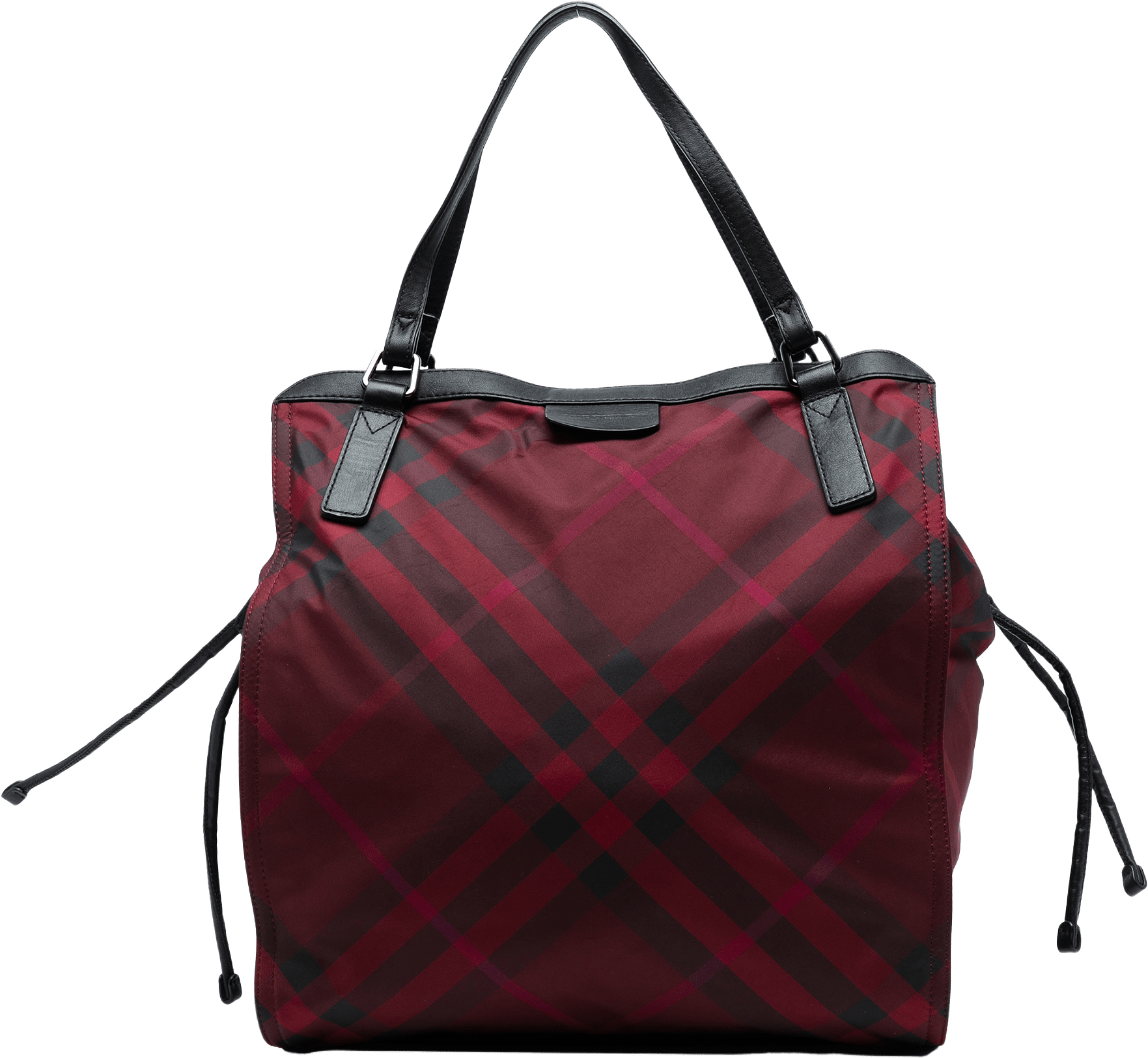 Burberry Supernova Check Nylon Buckleigh Tote, från Luxclusif, i färgen burgundy.