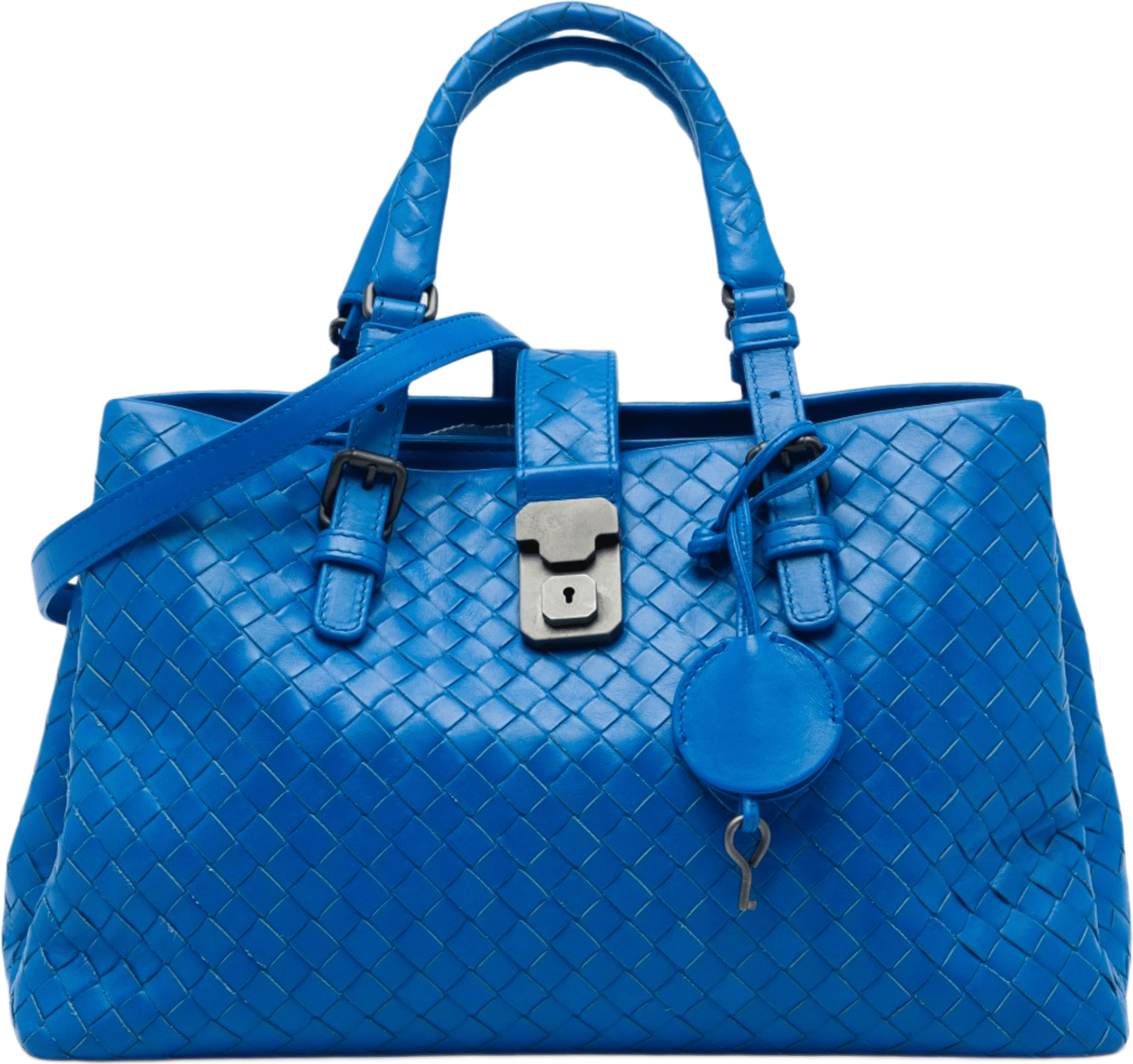 Bottega Veneta Small Nappa Intrecciato Roma Satchel, från Luxclusif, i färgen blå.