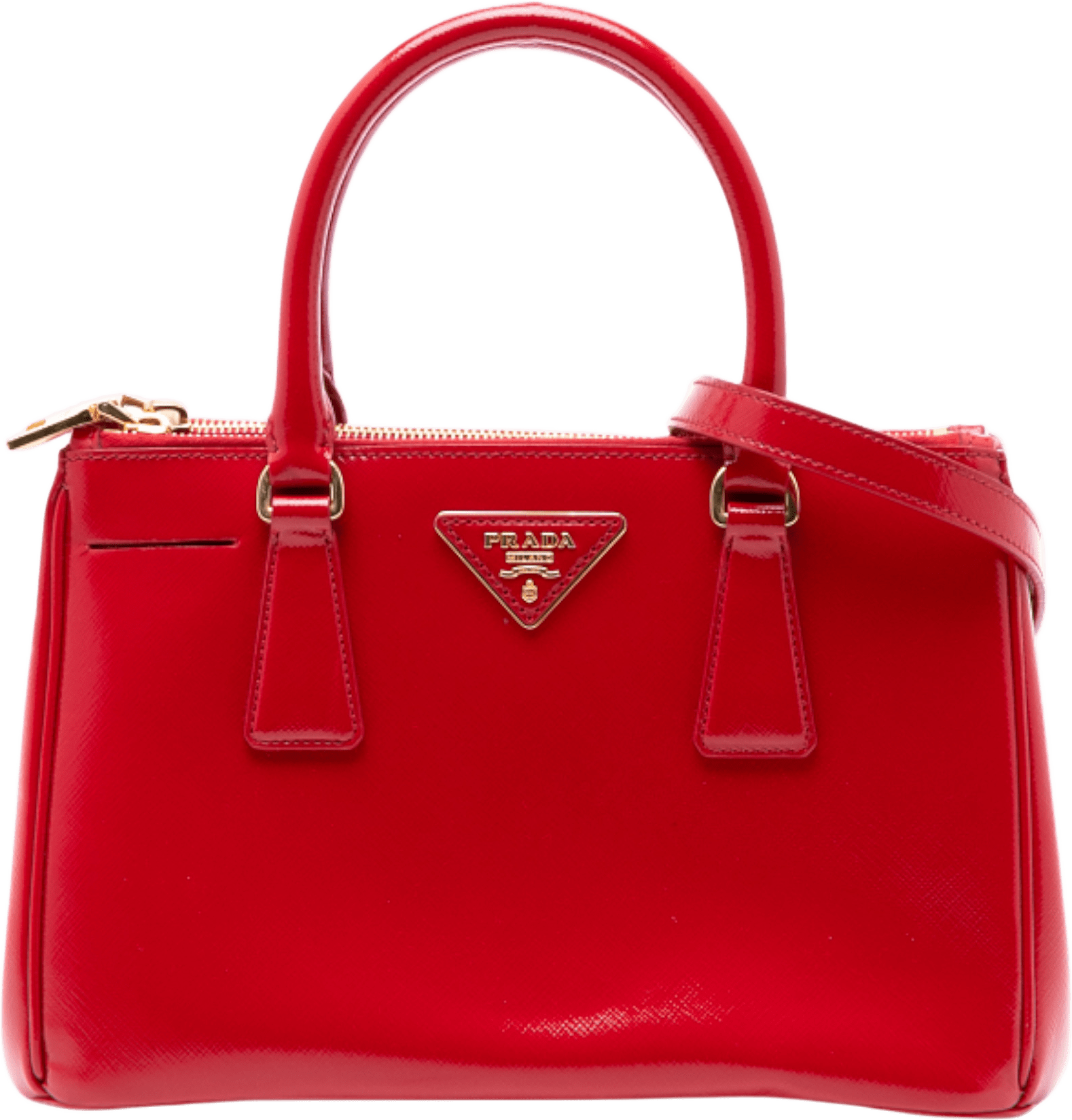 Prada Mini Saffiano Vernice Galleria Double Zip Satchel, från Luxclusif, i färgen red.