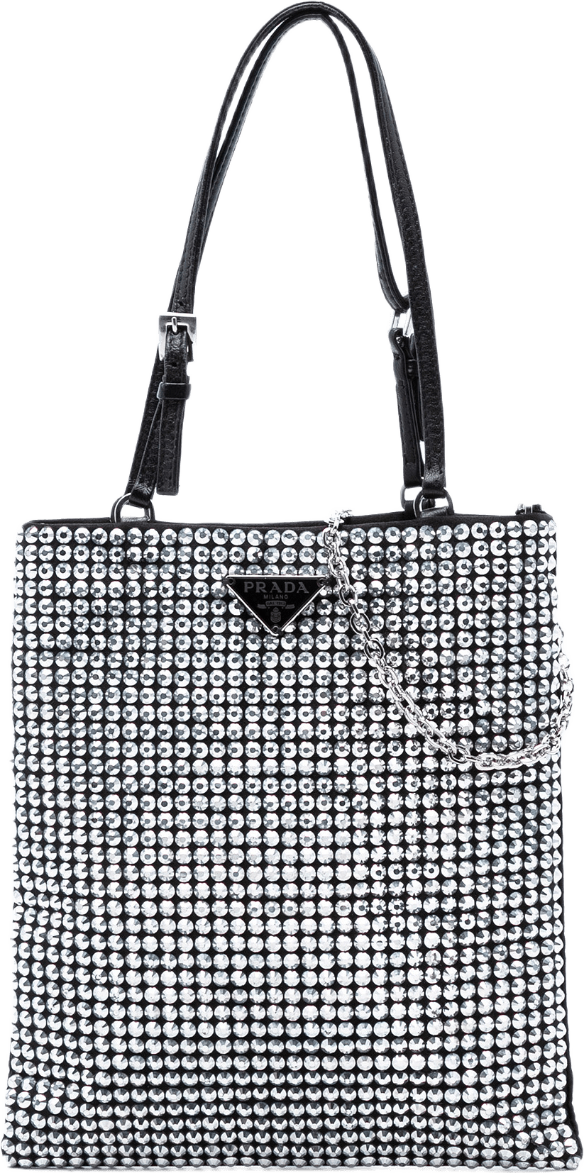 Prada Satin Crystal Embellished Chain Flat Tote, från Luxclusif, i färgen svart.