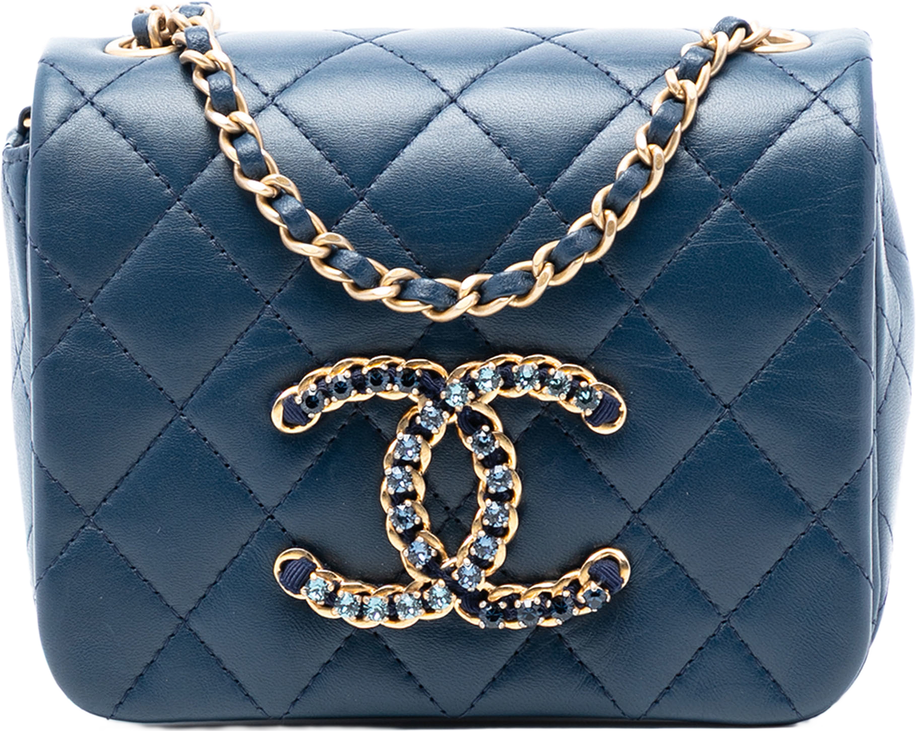 Chanel Mini Quilted Lambskin Cc Crystal Full Flap, från Luxclusif, i färgen blue.