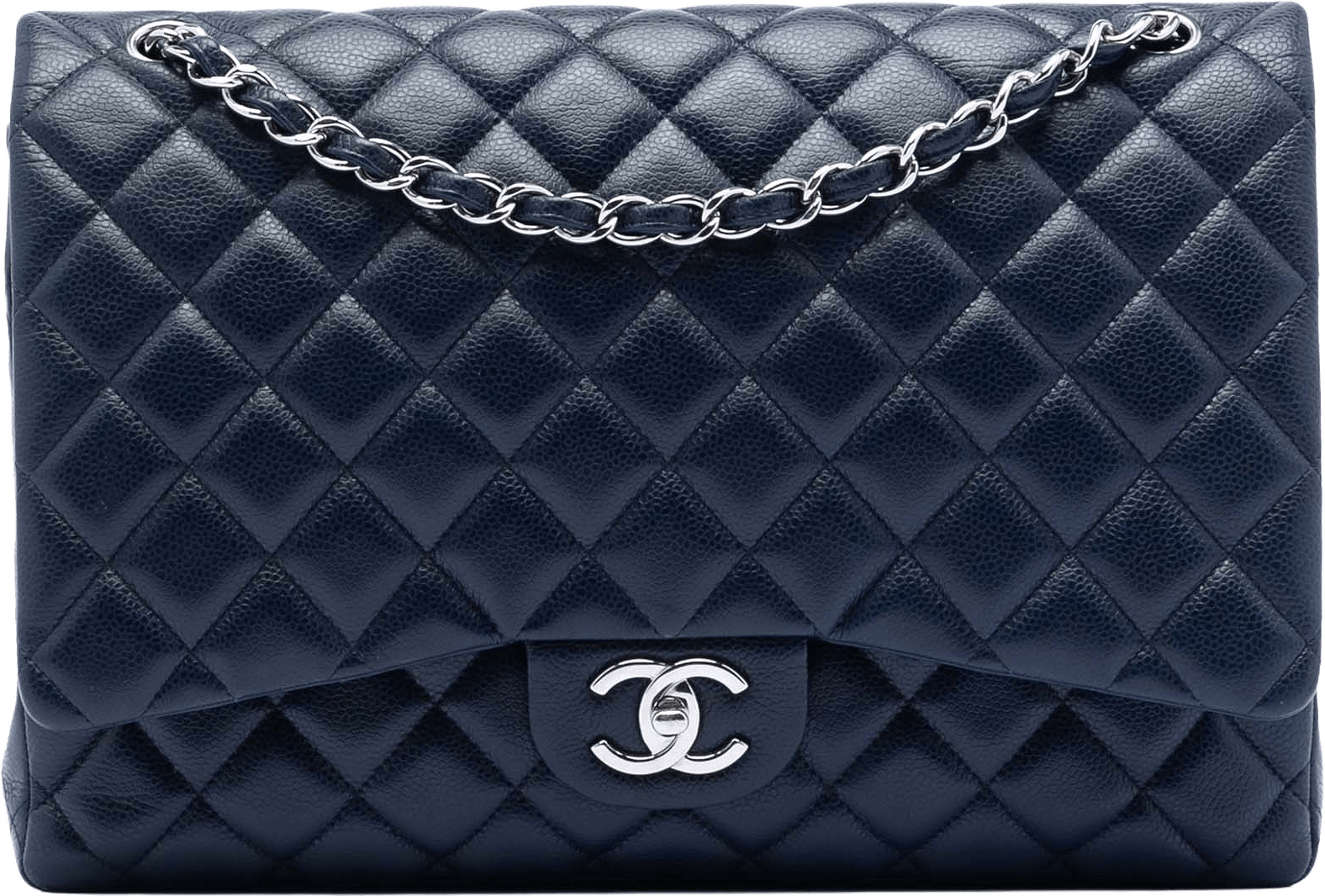 Chanel Maxi Classic Caviar Double Flap, från Luxclusif, i färgen navy.
