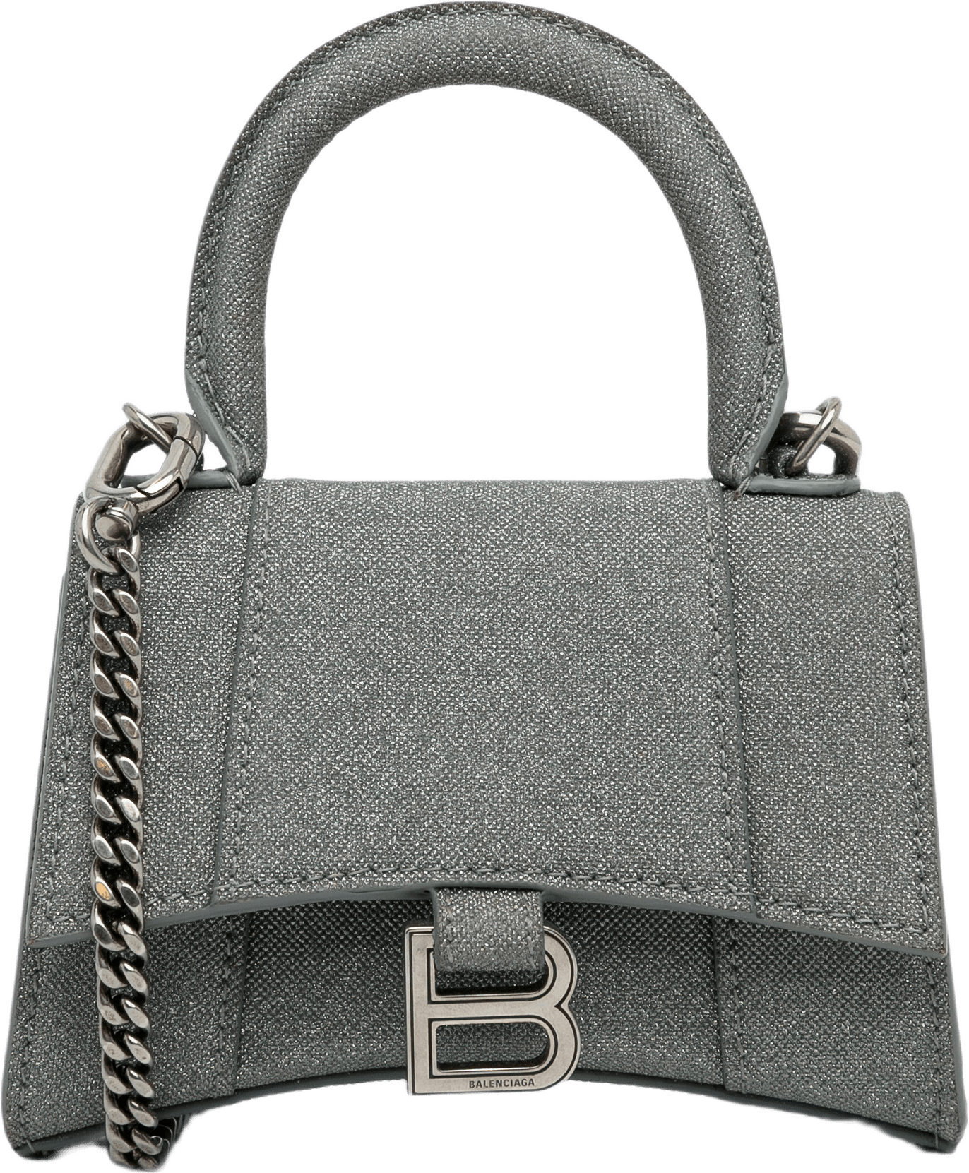 Balenciaga Mini Glitter Hourglass Satchel, från Luxclusif, i färgen gray.